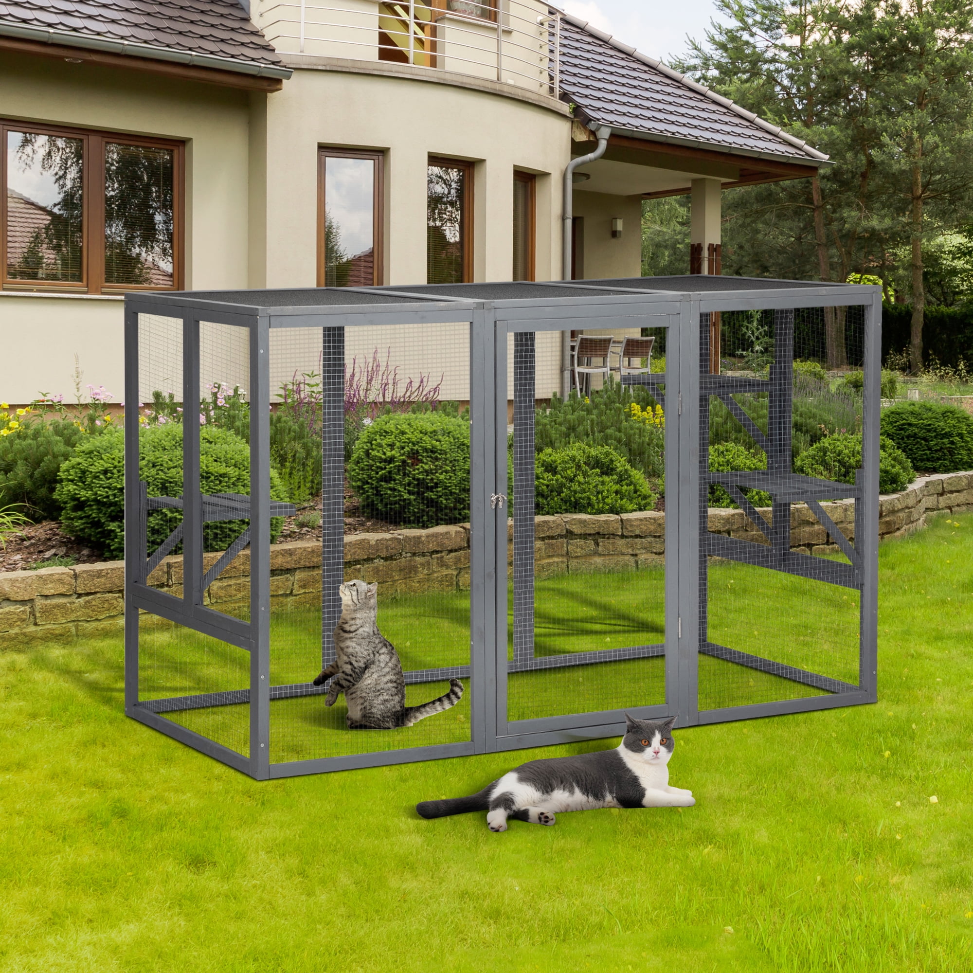 Pefilos 71 Inch Wooden Cat Cage with Waterproof Roof and Adjustable Pedals Suitable Rabbit Hutch, Gray Pefilos 71 Inch Wooden Cat Cage with Waterproof Roof and Adjustable Pedals Suitable Rabbit Hutch, Gray