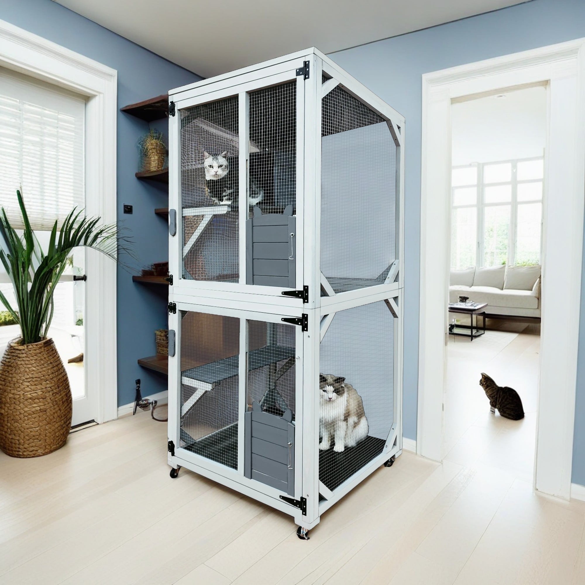 Pefilos 71" Large Cat Catio Outdoor Cat House with Run on Wheels, Wooden Cat Enclosure with Reinforcement Strip, Waterproof Asphalt Roof, Gray Pefilos 71" Large Cat Catio Outdoor Cat House with Run on Wheels, Wooden Cat Enclosure with Reinforcement Strip, Waterproof Asphalt Roof, Gray