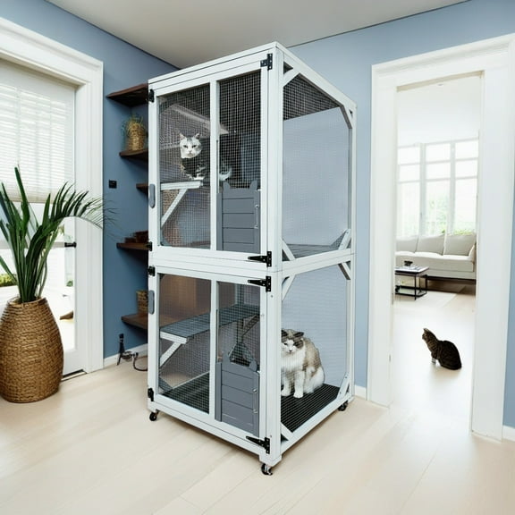 Pefilos 71" Large Cat Catio Outdoor Cat House with Run on Wheels, Wooden Cat Enclosure with Reinforcement Strip, Waterproof Asphalt Roof, Gray