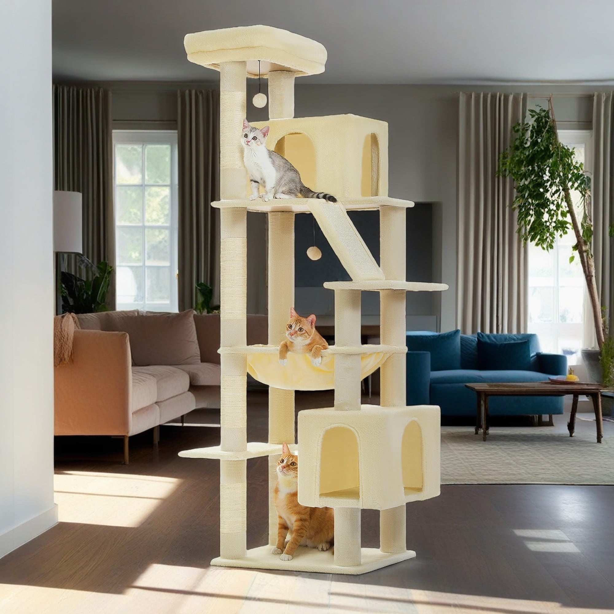 Pefilos 71" Large Cat Tree Tower for Indoor Cats, Multi-Level Cat Tree House with Padded Perches, Scratcher, Hammock, 2 Cozy Cat Condos and Scratching Posts, Beige Pefilos 71" Large Cat Tree Tower for Indoor Cats, Multi-Level Cat Tree House with Padded Perches, Scratcher, Hammock, 2 Cozy Cat Condos and Scratching Posts, Beige