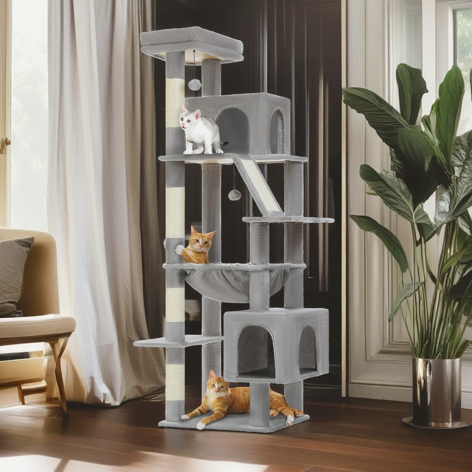 Pefilos 71" Large Cat Tree Tower for Indoor Cats, Multi-Level Cat Tree House with Padded Perches, Scratcher, Hammock, 2 Cozy Cat Condos and Scratching Posts, Gray Pefilos 71" Large Cat Tree Tower for Indoor Cats, Multi-Level Cat Tree House with Padded Perches, Scratcher, Hammock, 2 Cozy Cat Condos and Scratching Posts, Gray
