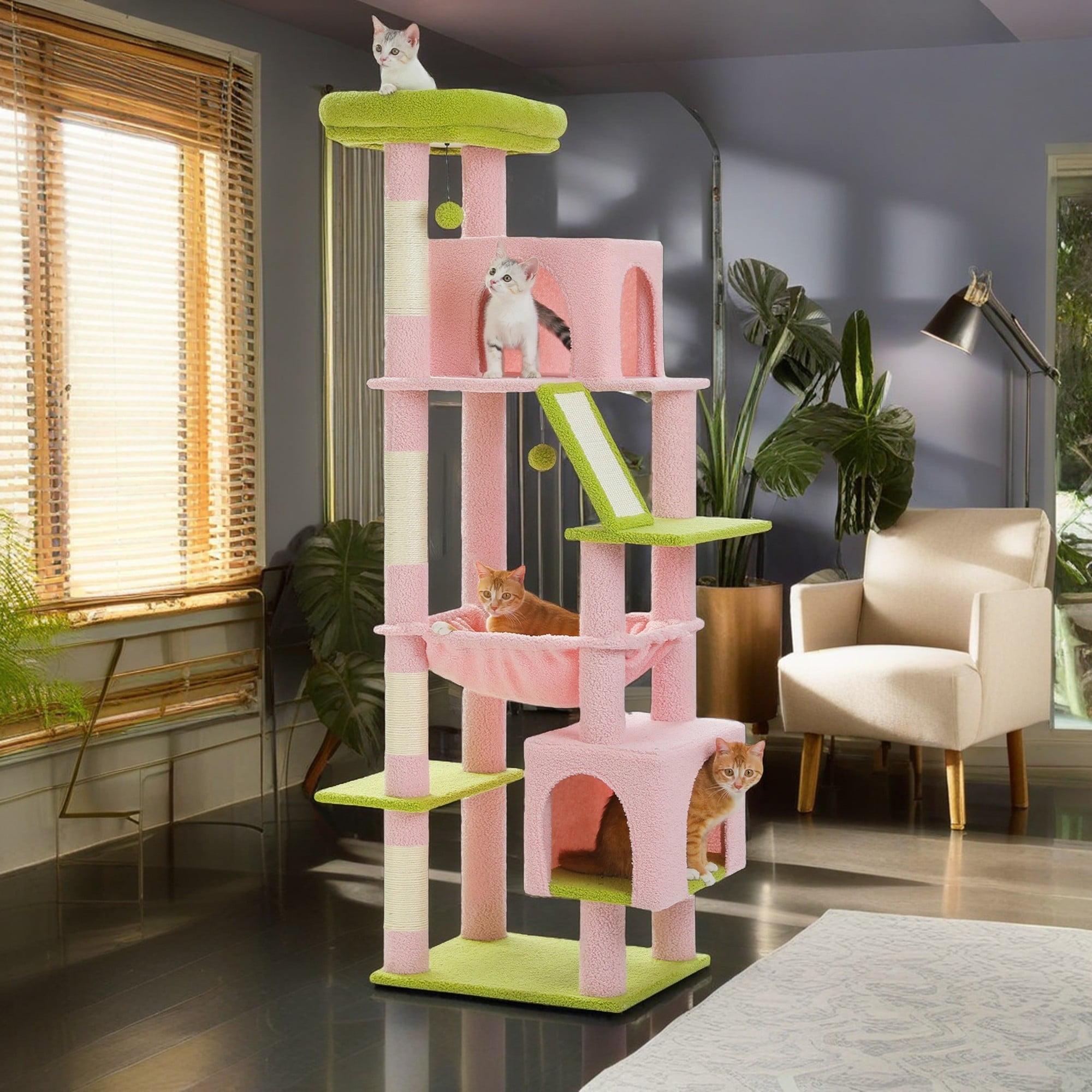 71" Pink and Green Multi-Level Cat Tree with Sisal Posts