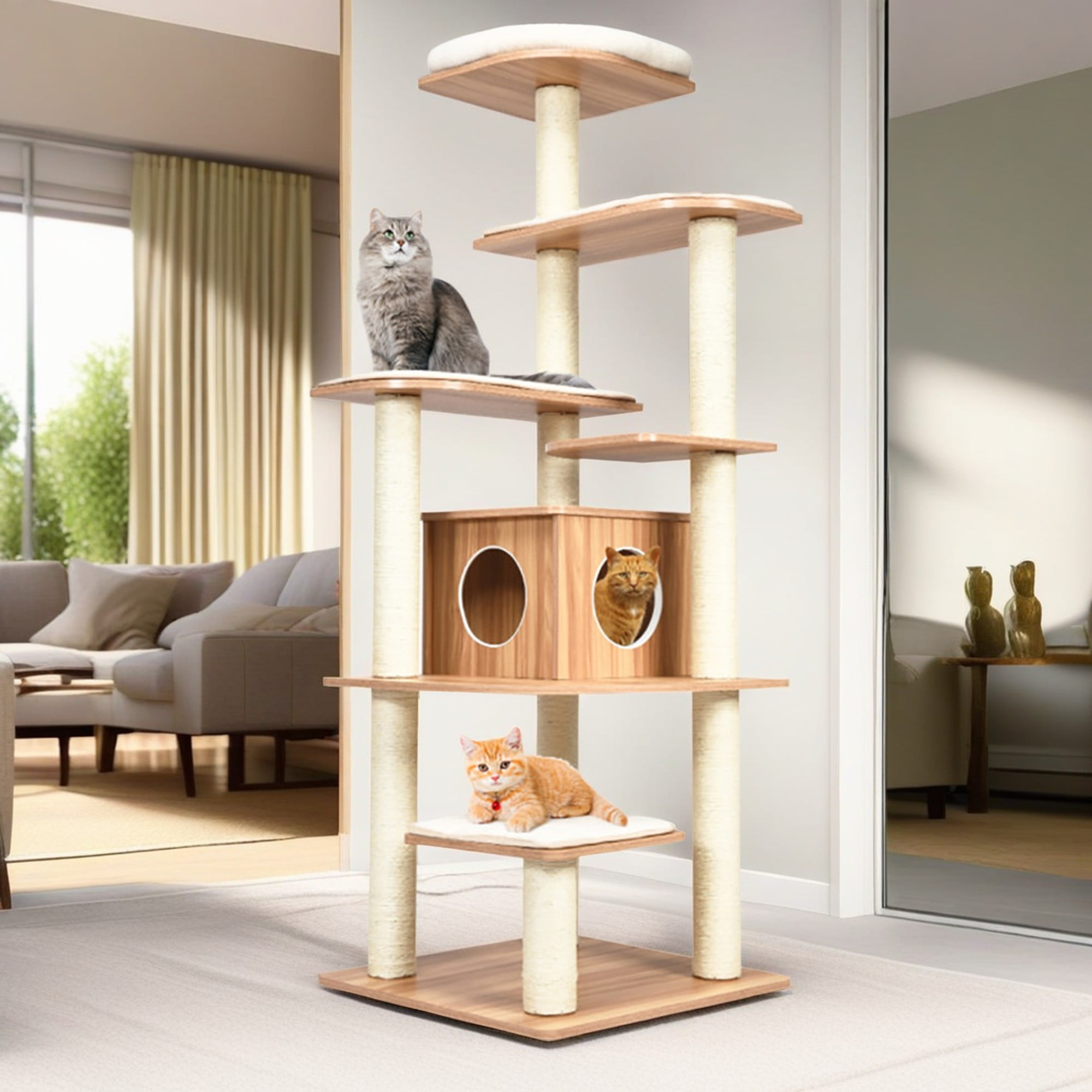Pefilos 71" Modern Cat Tree Tower for Indoor Cats, Wood Cat Condo with Scratching Post and Removable Pads for Small Large Cats, Beige Pefilos 71" Modern Cat Tree Tower for Indoor Cats, Wood Cat Condo with Scratching Post and Removable Pads for Small Large Cats, Beige