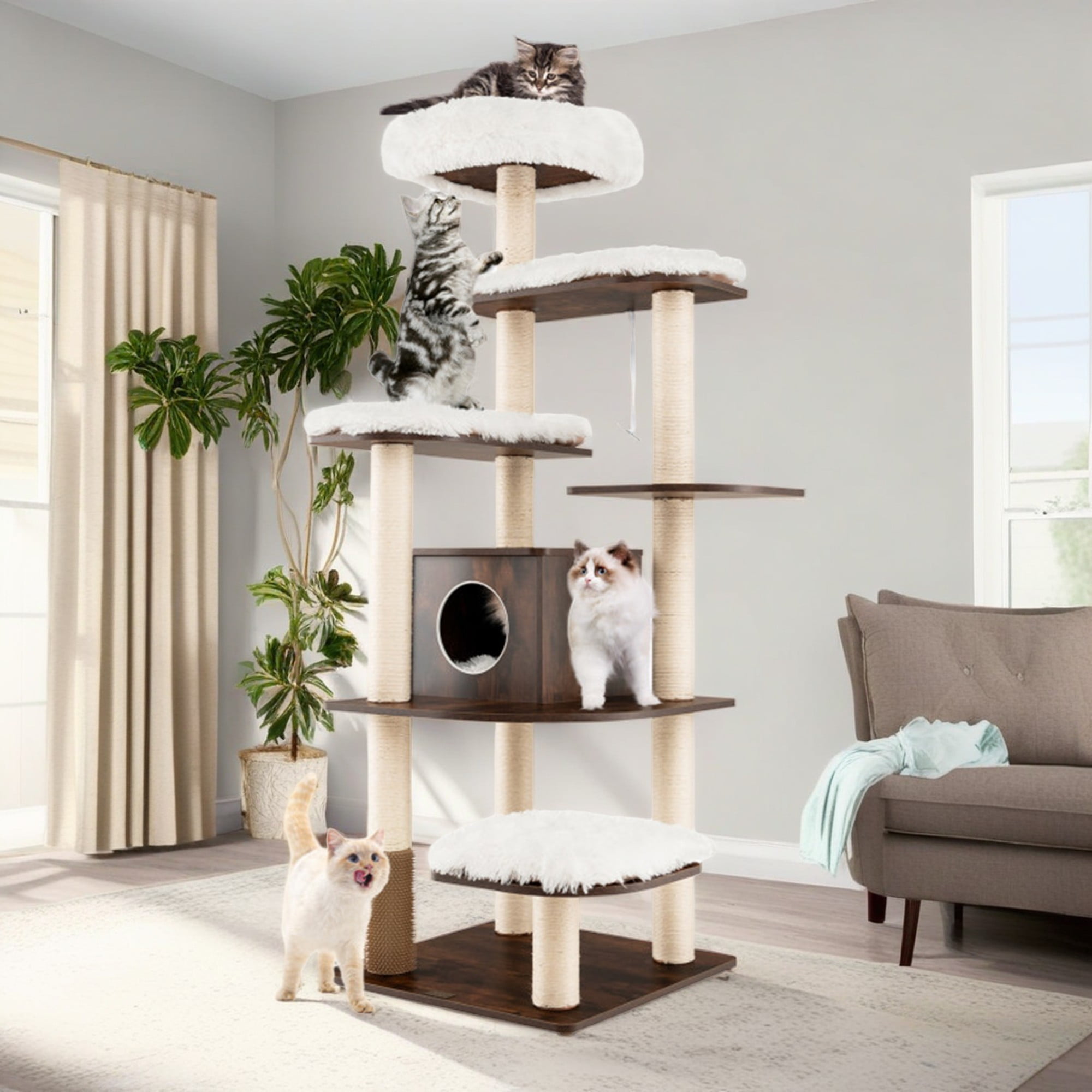 Pefilos 71" Modern Cat Tree Tower for Indoor Cats, Wood Cat Condo with Scratching Post and Removable Pads for Small Large Cats, Brown Pefilos 71" Modern Cat Tree Tower for Indoor Cats, Wood Cat Condo with Scratching Post and Removable Pads for Small Large Cats, Brown
