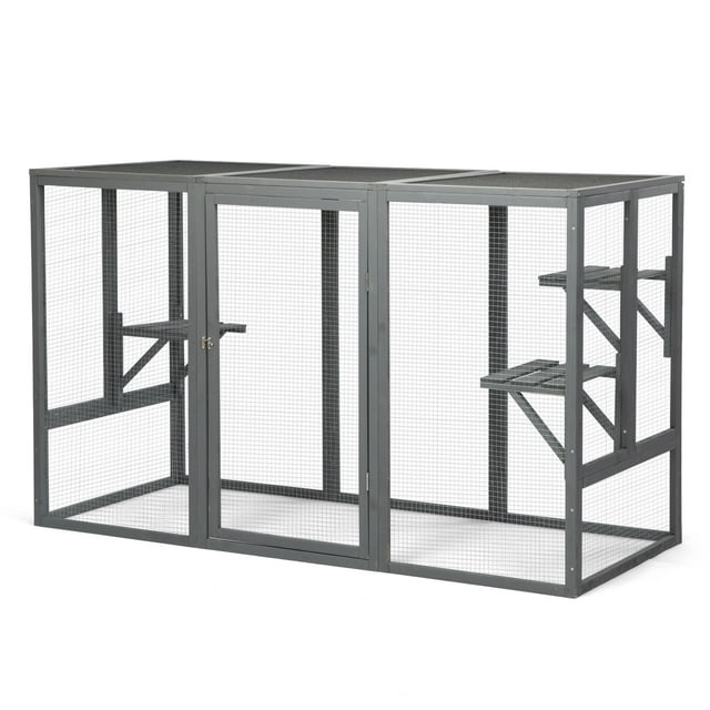 Pefilos 71" Outdoor Cat Enclosure Catio Cage w/3 Platforms, Wooden Cat Run House, Gray