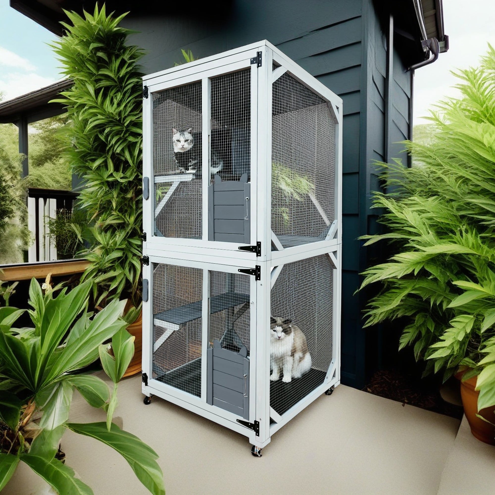 Pefilos 71" Outdoor Cat House Catio Cat Enclosures on Wheels Kitty House with Resting Box, Waterproof Asphalt Roof, Gray Pefilos 71" Outdoor Cat House Catio Cat Enclosures on Wheels Kitty House with Resting Box, Waterproof Asphalt Roof, Gray