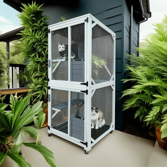 Pefilos 71" Outdoor Cat House Catio Cat Enclosures on Wheels Kitty House with Resting Box, Waterproof Asphalt Roof, Gray