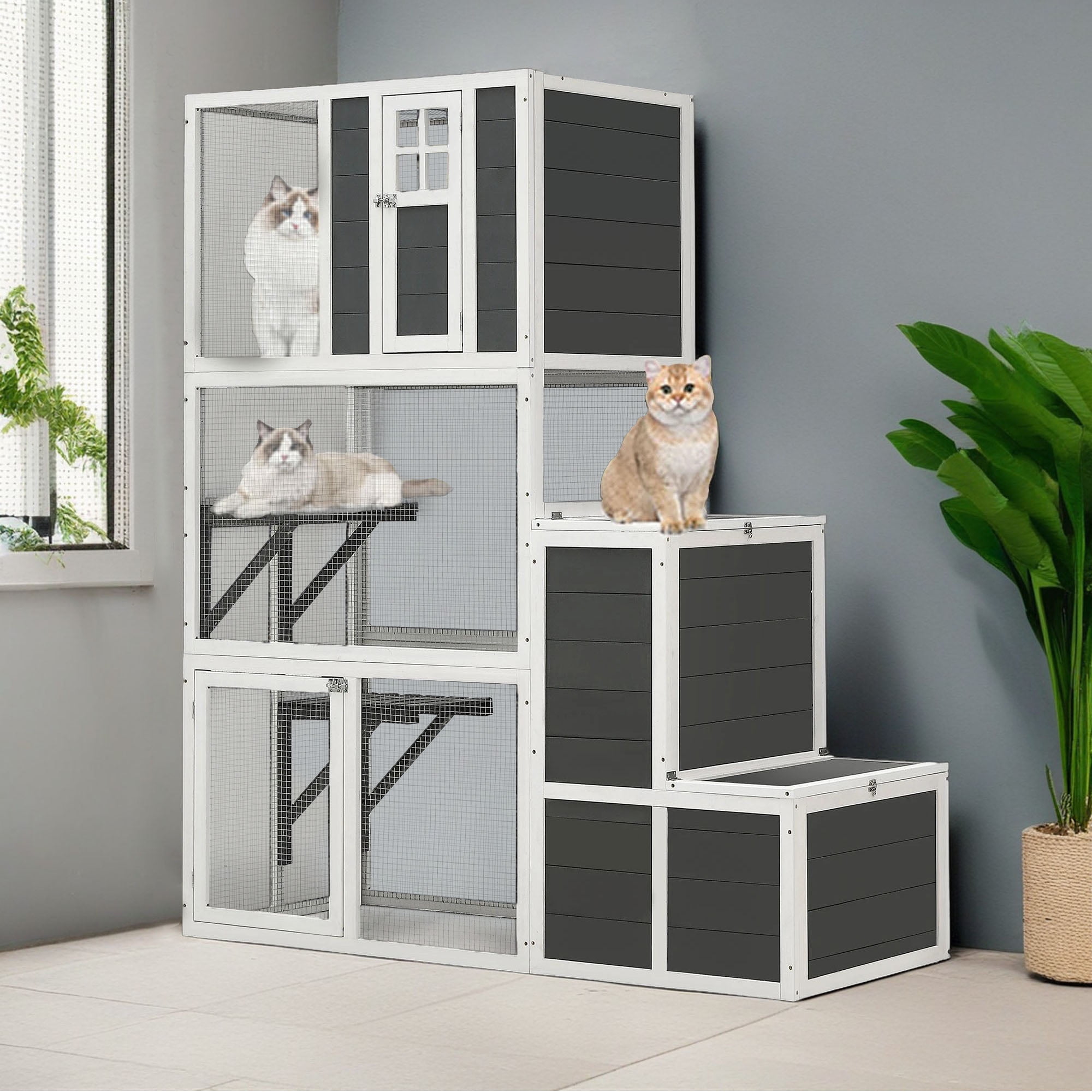 Pefilos 71" Outdoor Cat House for 1-3 Cats, 3-Tier Wood Cat Enclosures Kitty with 4 Platforms, 2 Doors, Resting Box, Indoor Cat Cage Shelter, Gray Pefilos 71" Outdoor Cat House for 1-3 Cats, 3-Tier Wood Cat Enclosures Kitty with 4 Platforms, 2 Doors, Resting Box, Indoor Cat Cage Shelter, Gray