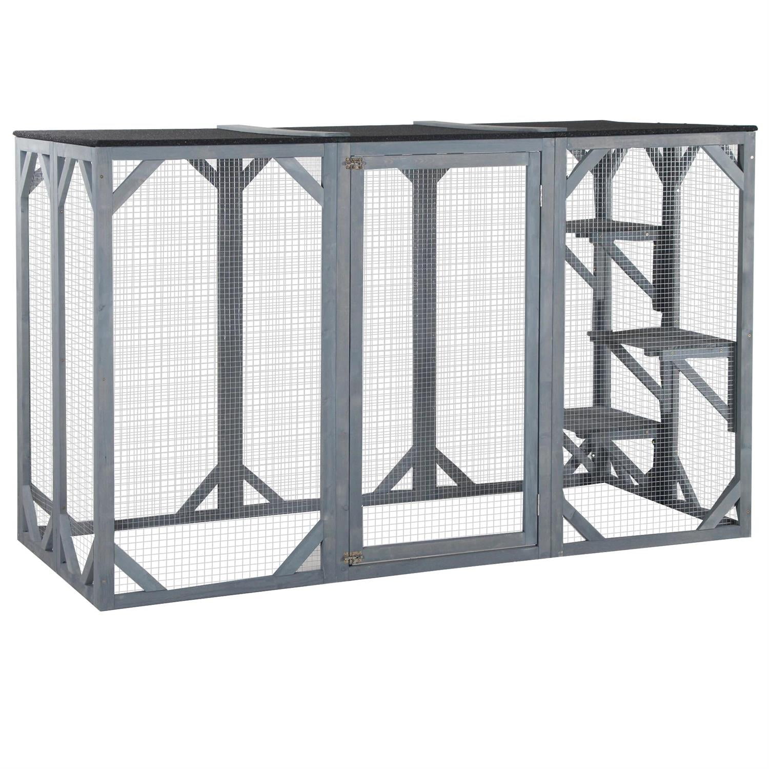 Pefilos 71" Outdoor Weatherproof Cat Cage with Asphalt Roof, Large Enter Door, Jumping Platform, Wooden Feral Shelter for Cats and Small Animals, Gray