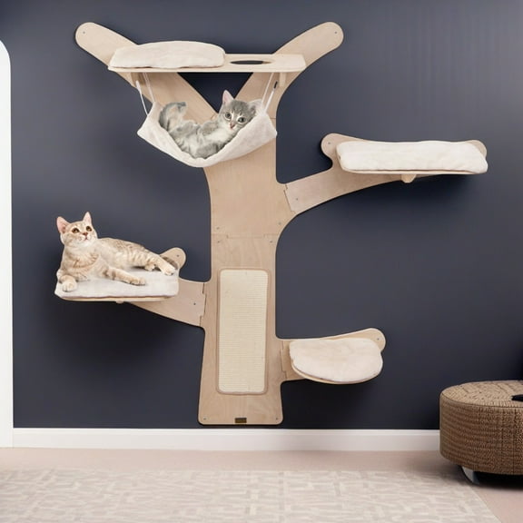 Pefilos 71" Wall Hanging Cat Tree Tower, Mounted Vertical Cat Climber Shelves with Hammock Platforms and Sisal Scratching Mat for Indoor Cats, Beige