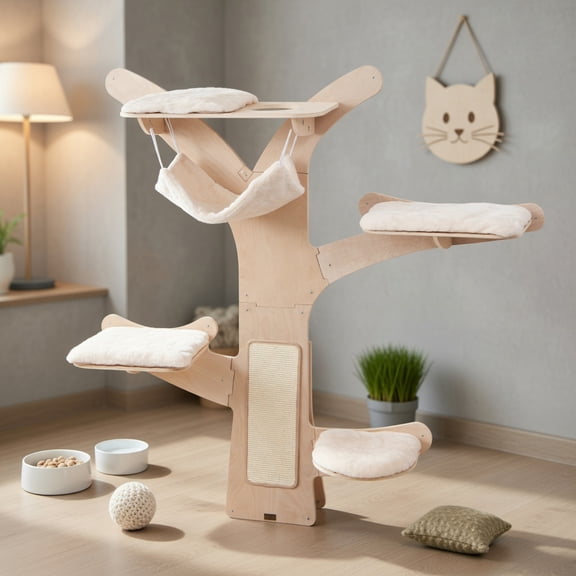Pefilos 71" Wall Hanging Cat Tree Tower, Mounted Vertical Cat Climber Shelves with Hammock Platforms and Sisal Scratching Mat for Indoor Cats, Beige