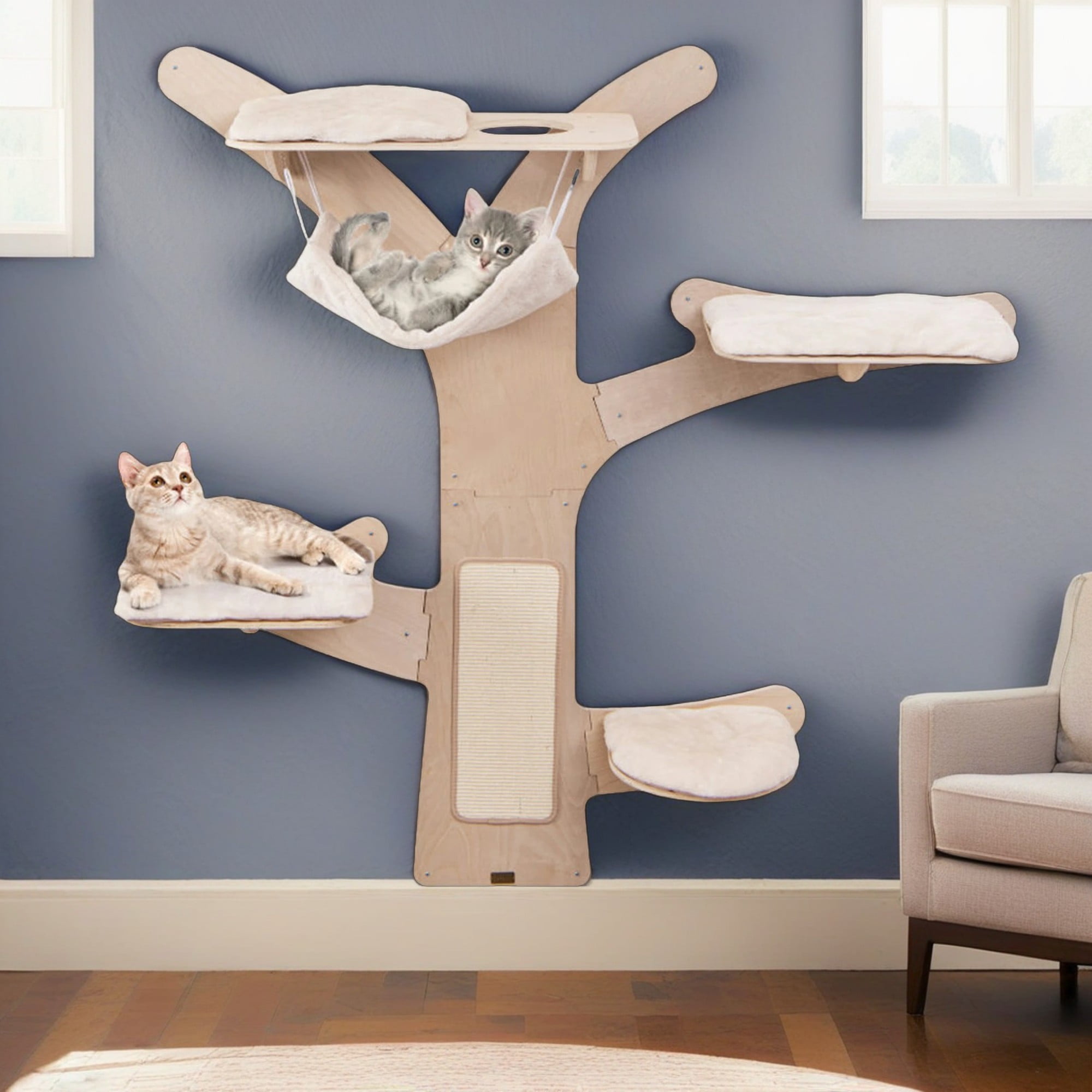 Pefilos 71" Wall-Mounted Cat Tree Tower with Hammock Platforms and Sisal Scratching Mat, Cat Wall Climber Shelves, Beige Pefilos 71" Wall-Mounted Cat Tree Tower with Hammock Platforms and Sisal Scratching Mat, Cat Wall Climber Shelves, Beige