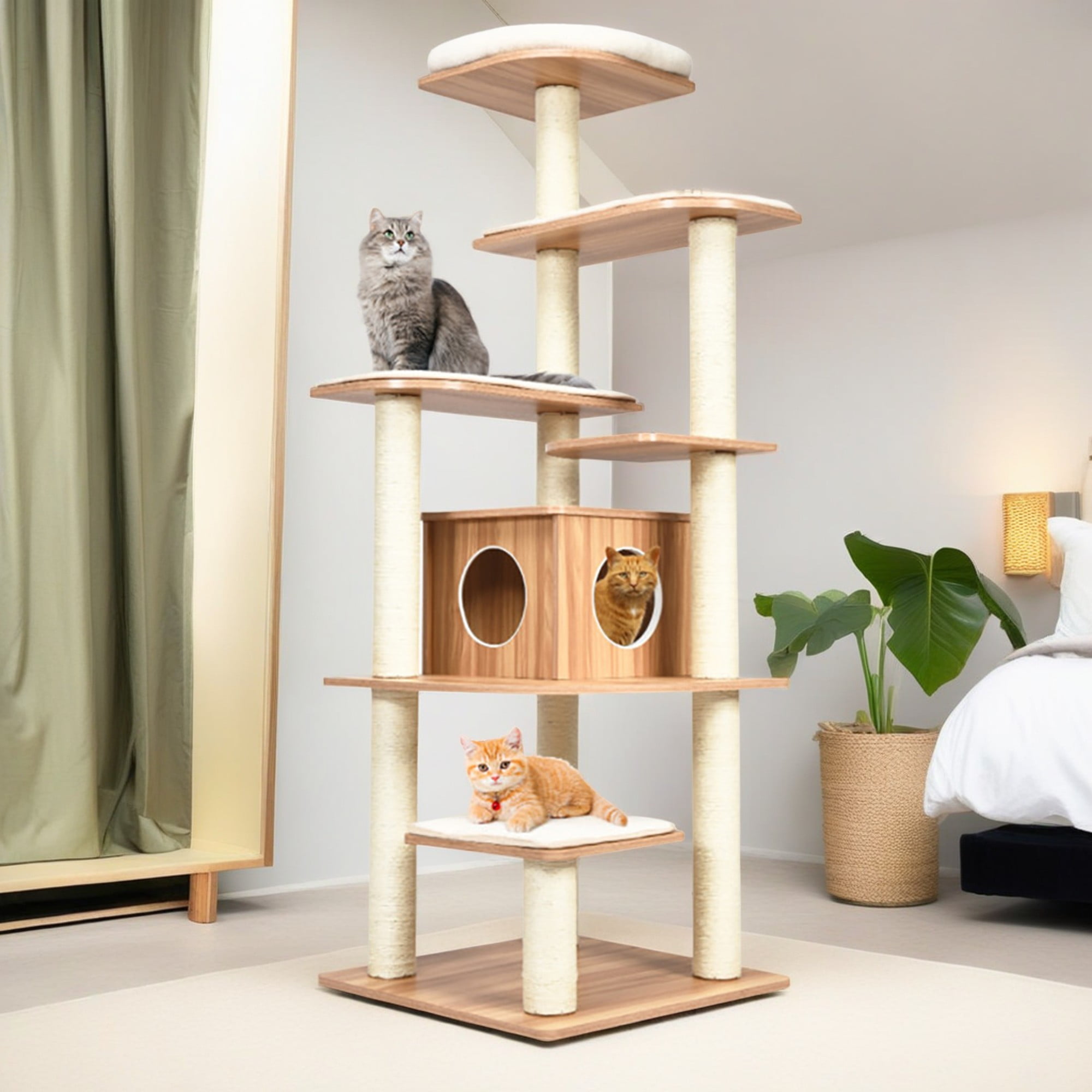 Pefilos 71" Wood Cat Tree Tower for Indoor Cats, Multi-Level Cat Condo with 10 Scratching Posts, Perch, Washable Removable Cushions, Cat Furniture, Beige