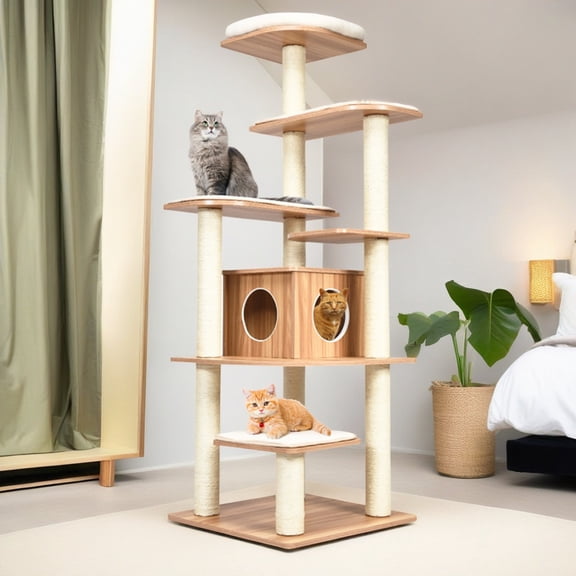Pefilos 71" Wood Cat Tree Tower for Indoor Cats, Multi-Level Cat Condo with 10 Scratching Posts, Perch, Washable Removable Cushions, Cat Furniture, Beige