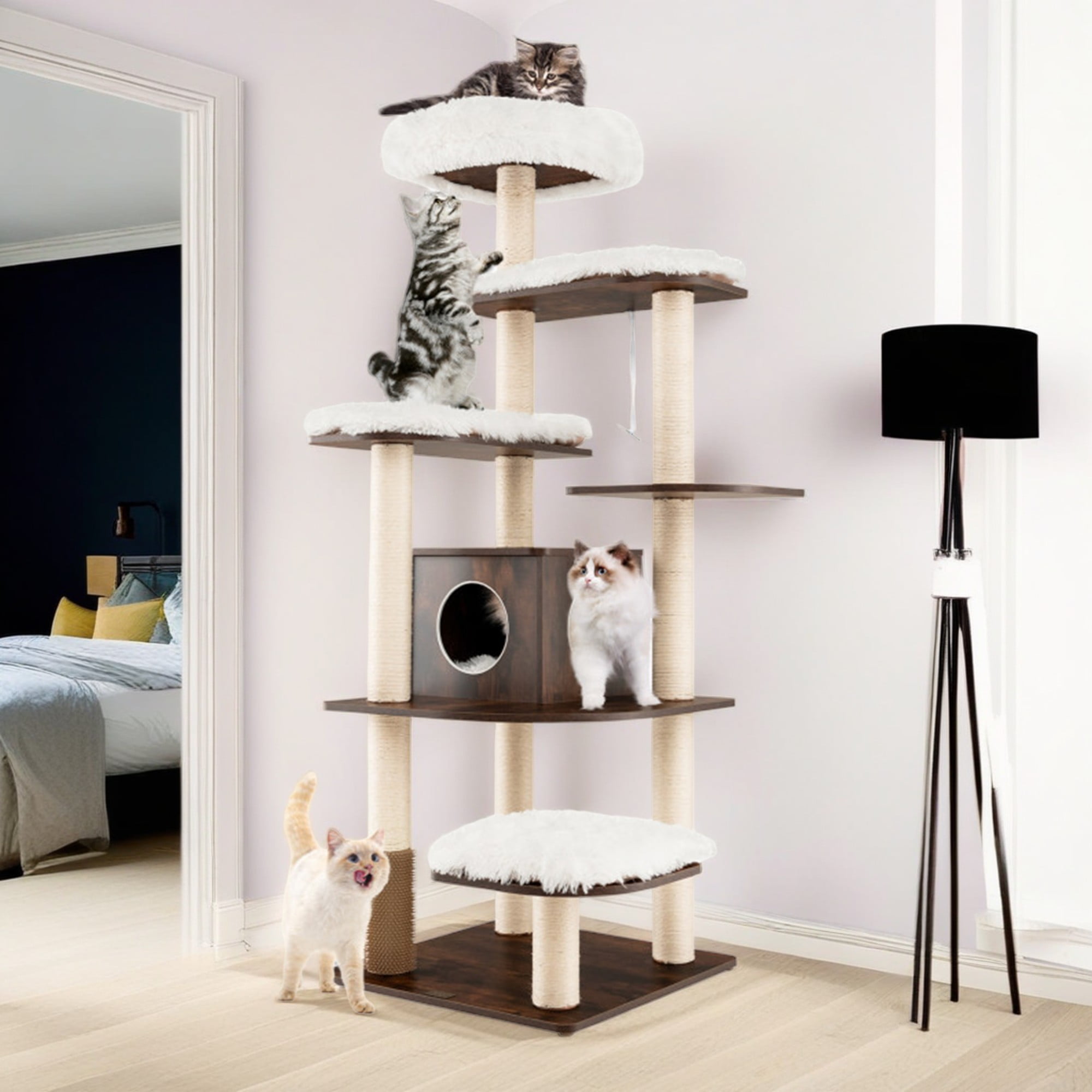 Pefilos 71" Wood Cat Tree Tower for Indoor Cats, Multi-Level Cat Condo with 10 Scratching Posts, Perch, Washable Removable Cushions, Cat Furniture, Brown Pefilos 71" Wood Cat Tree Tower for Indoor Cats, Multi-Level Cat Condo with 10 Scratching Posts, Perch, Washable Removable Cushions, Cat Furniture, Brown