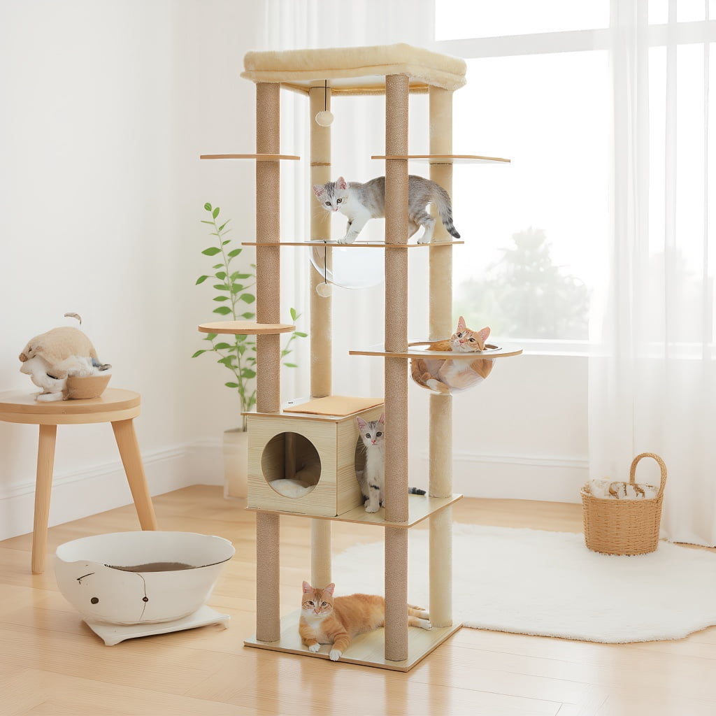 Pefilos 71" Wooden Cat Tree Tower for Multiple Cats, Modern Cat Tree House with Cat Condo for Indoor Cats, Beige