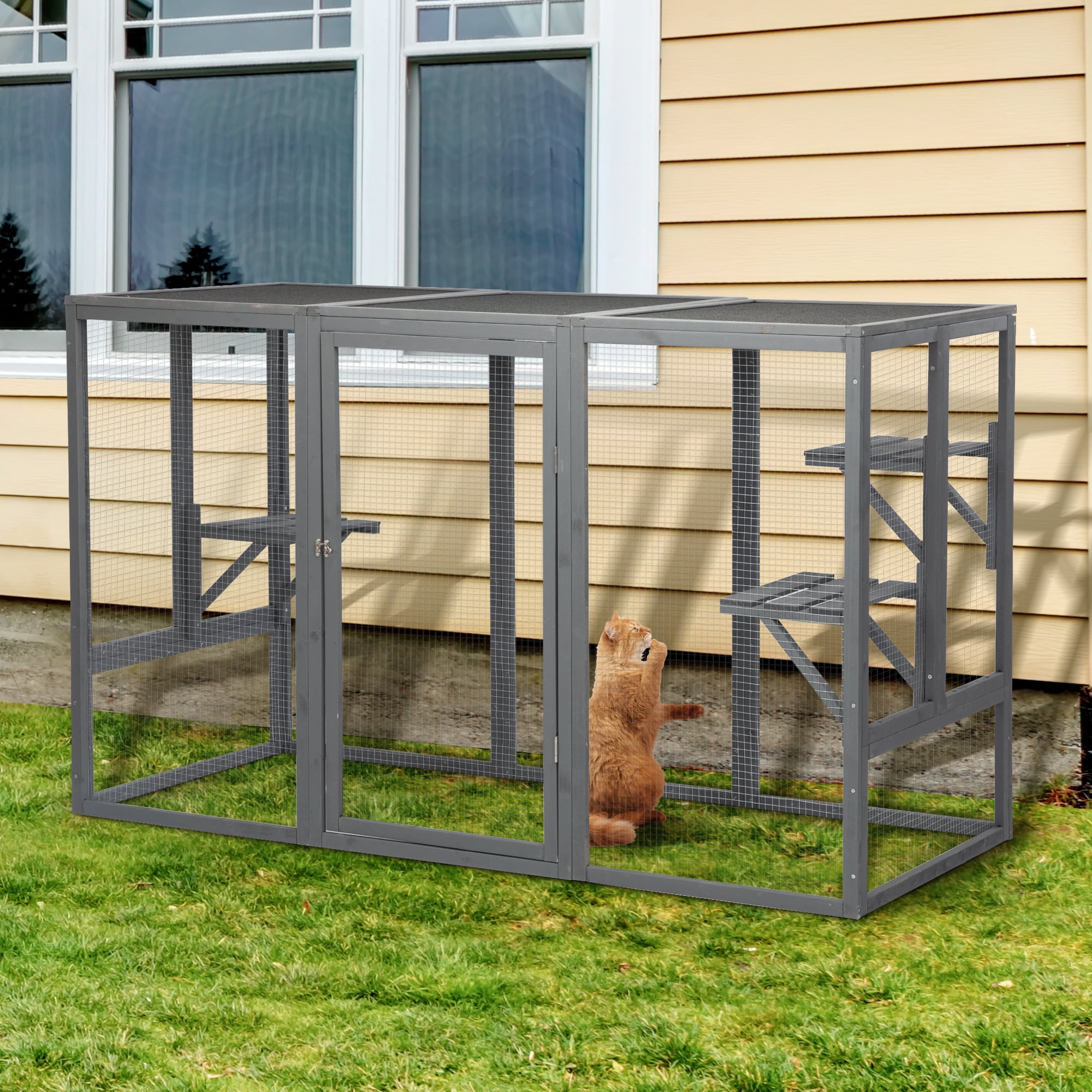 Pefilos 71" Wooden Rabbit Hutch with Waterproof Roof and Adjustable Pedals Suitable Cat Cage, Gray Pefilos 71" Wooden Rabbit Hutch with Waterproof Roof and Adjustable Pedals Suitable Cat Cage, Gray