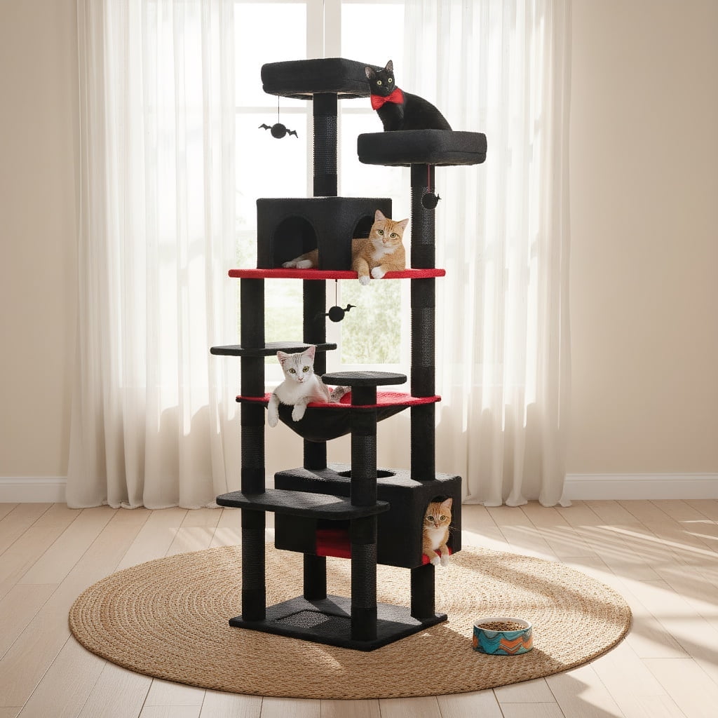 Pefilos 72" Cat Tree Tower for Large Cats, Indoor Cat Condo with Sisal-Covered Scratching Posts and Pads, 2 Padded Perch, Black