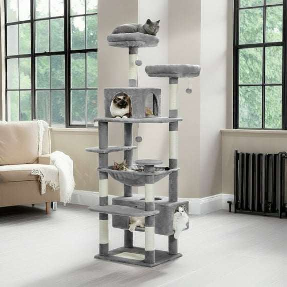 Pefilos 72" Cat Tree Tower for Large Cats, Indoor Cat Condo with Sisal-Covered Scratching Posts and Pads, 2 Padded Perch, Gray