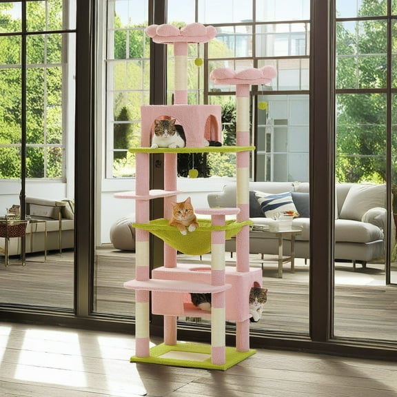 Pefilos 72" Cat Tree Tower for Large Cats, Indoor Cat Condo with Sisal-Covered Scratching Posts and Pads, 2 Padded Perch, Pink