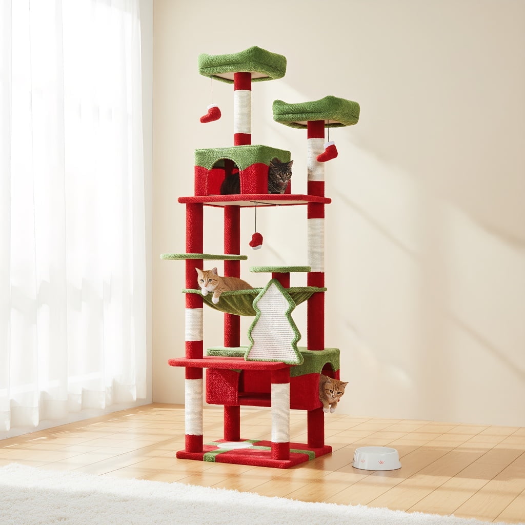 Pefilos 72" Cat Tree Tower for Large Cats, Indoor Cat Condo with Sisal-Covered Scratching Posts and Pads, 2 Padded Perch, Red