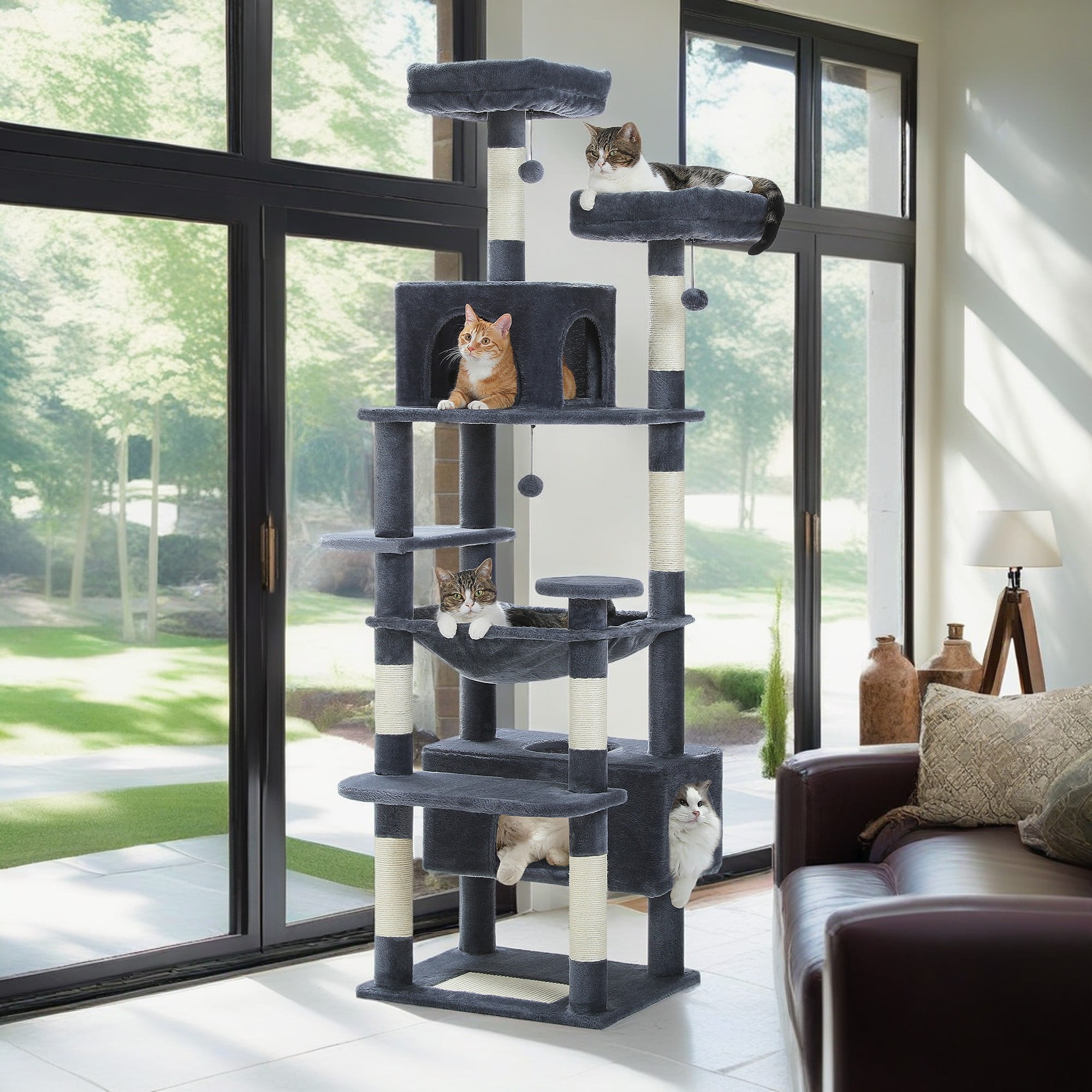 Pefilos 72" Large Cat Tree Tower with Sisal Scratching Post, Indoor Cat Condo for Big Cat Maine Coon, Dark Gray