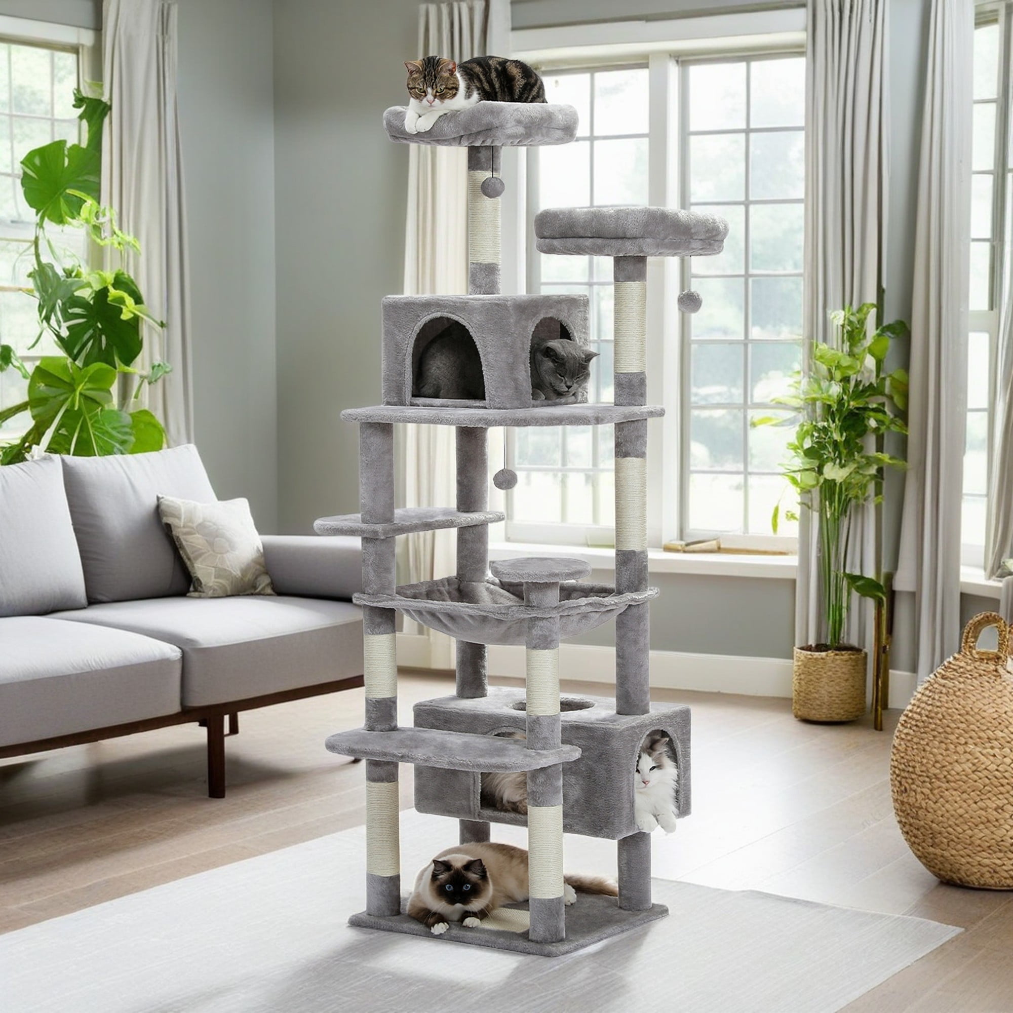 Pefilos 72" Large Cat Tree Tower with Sisal Scratching Post, Indoor Cat Condo for Big Cat Maine Coon, Gray