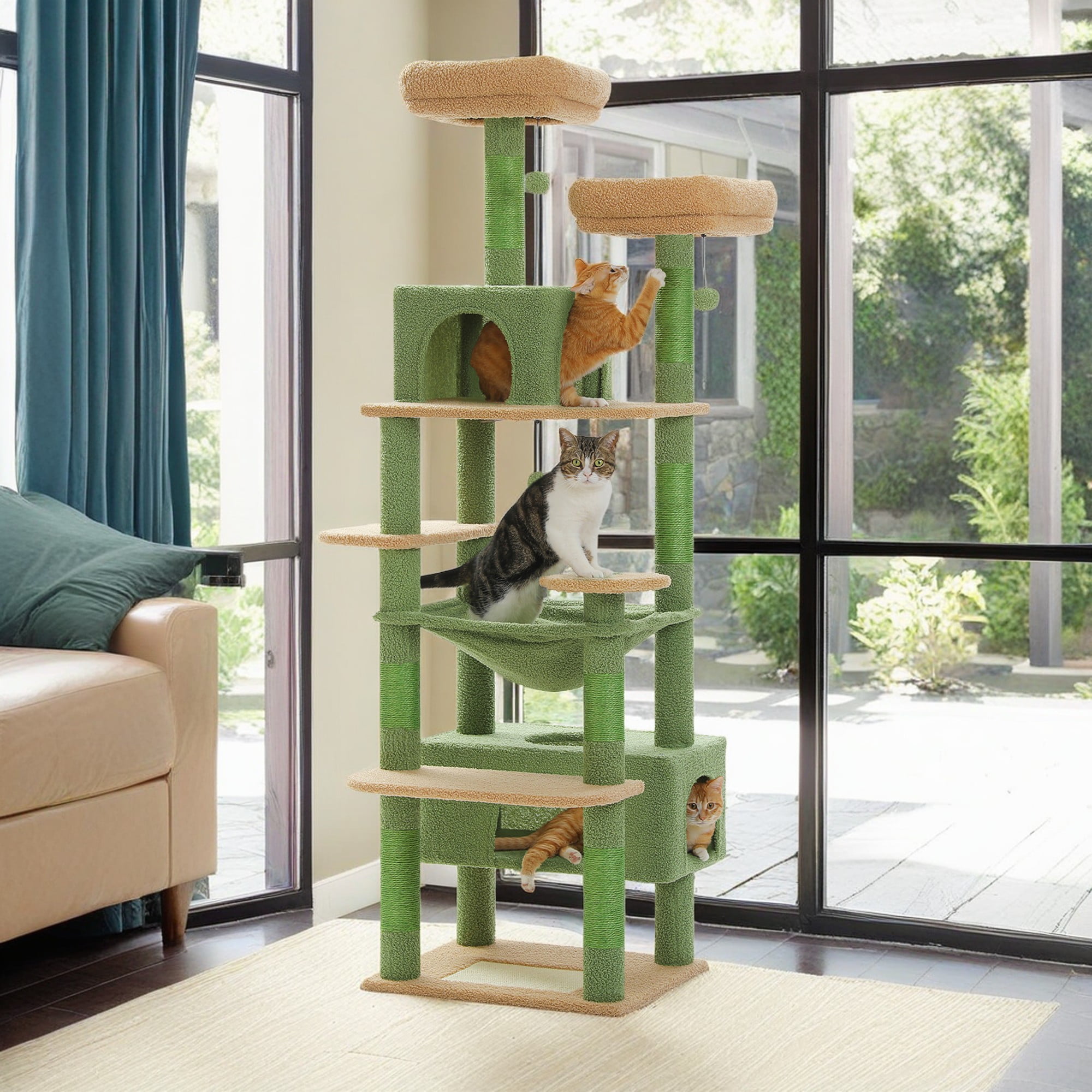 Pefilos 72" Large Cat Tree Tower with Sisal Scratching Post, Indoor Cat Condo for Big Cat Maine Coon, Green