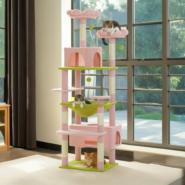 Pefilos 72" Large Cat Tree Tower with Sisal Scratching Post, Indoor Cat Condo for Big Cat Maine Coon, Pink