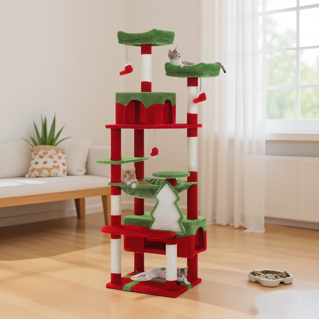 Pefilos 72" Large Cat Tree Tower with Sisal Scratching Post, Indoor Cat Condo for Big Cat Maine Coon, Red