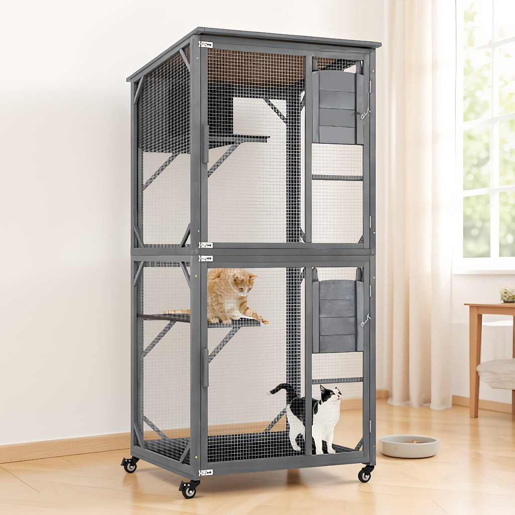 Pefilos 72" Outdoor Wood Cat House, 3 Floors Cat Enclosure Catio, Indoor Kitten Playpen with Resting Box, Cat Cage Waterproof Asphalt Roof, Gray