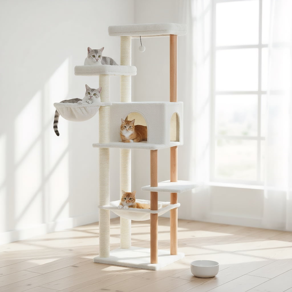 Pefilos 73" Tall Cat Tree Tower with 2 Hammocks, 2 Top Beds, 8 Fully Scratching Posts and Natural Wood Posts for Indoor Cats, Beige