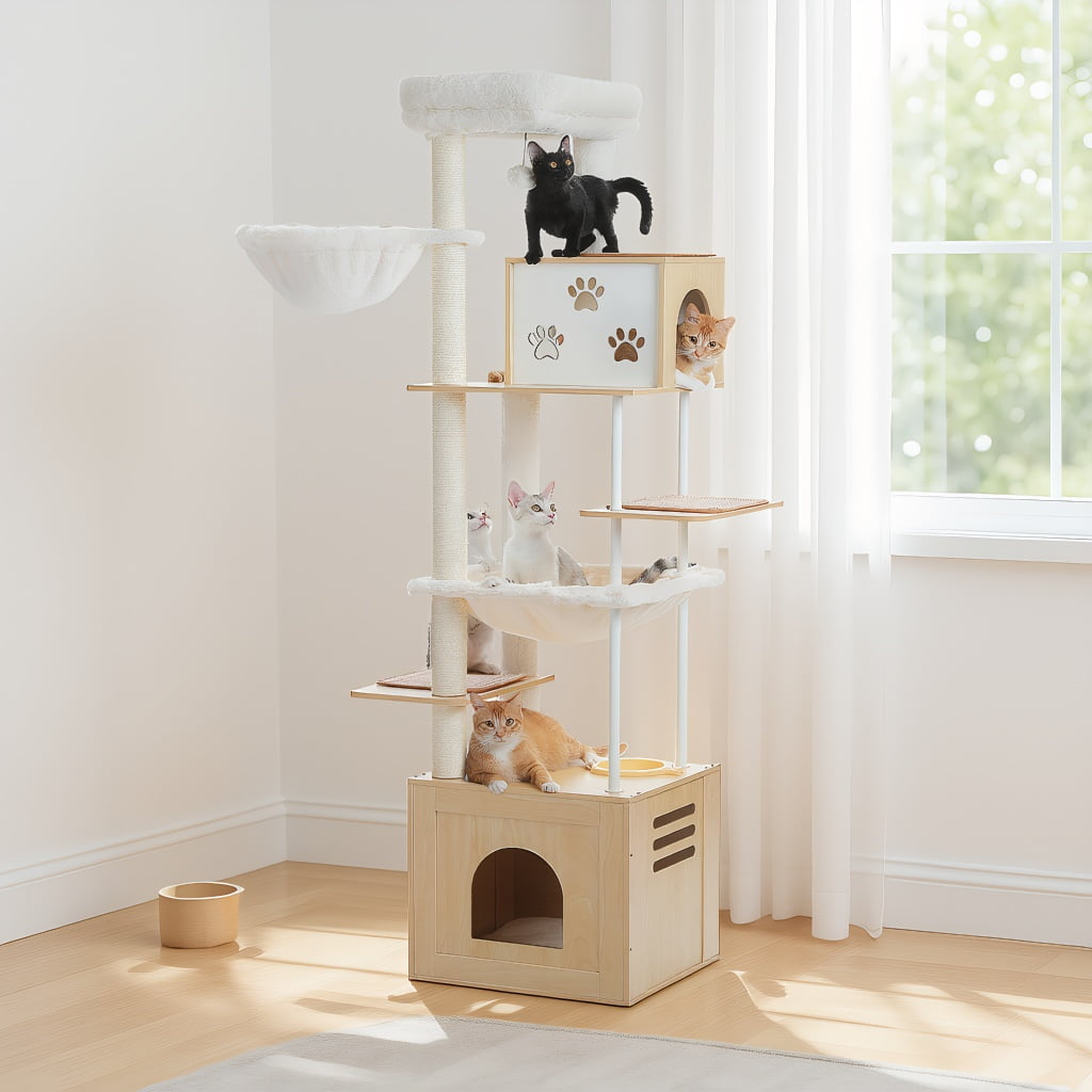 Pefilos 74" Cat Tree with Food Station, Wooden Tall Cat Tower with Condos and Hammocks,Spacious Perch,Sisal and Steel Posts, Scratching Mat, Beige