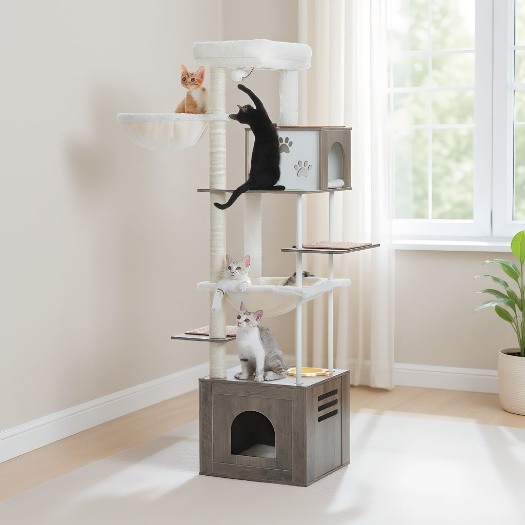 Pefilos 74" Cat Tree with Food Station, Wooden Tall Cat Tower with Condos and Hammocks,Spacious Perch,Sisal and Steel Posts, Scratching Mat, Gray