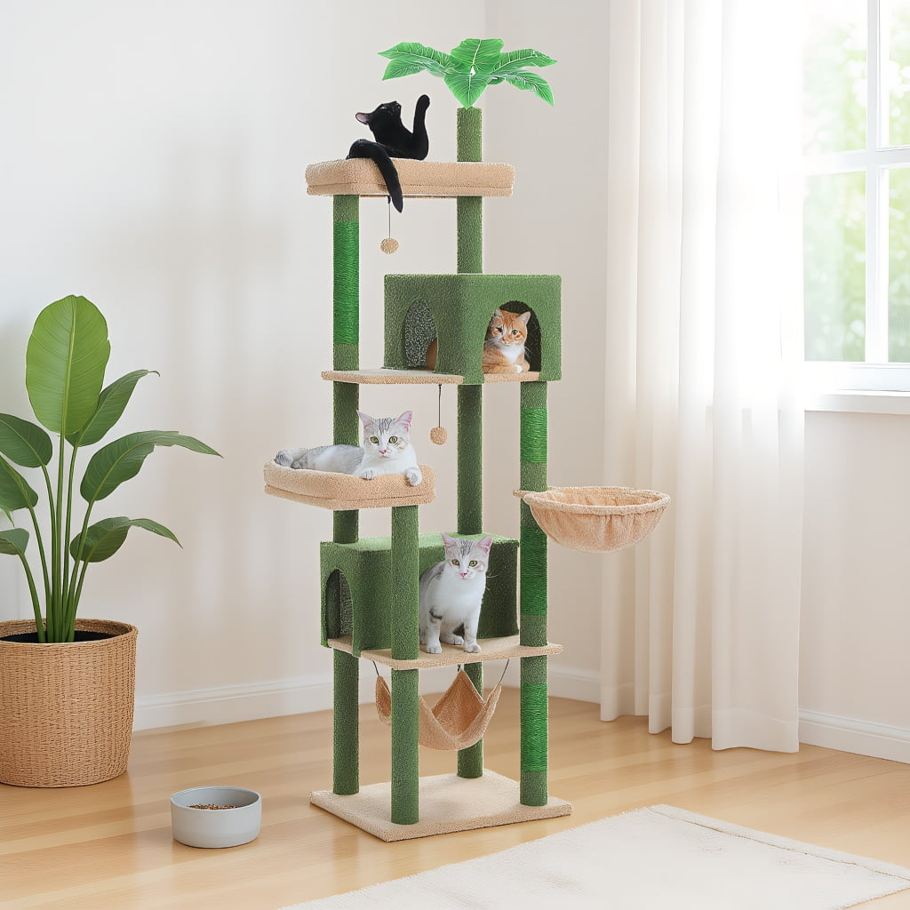 Pefilos 74" Large Cat Tree Tower for Indoor Cats, Fat Cats with Big Hammock, Cat Climbing Tree with Scratching Posts, Condo House and Top Perch, Green