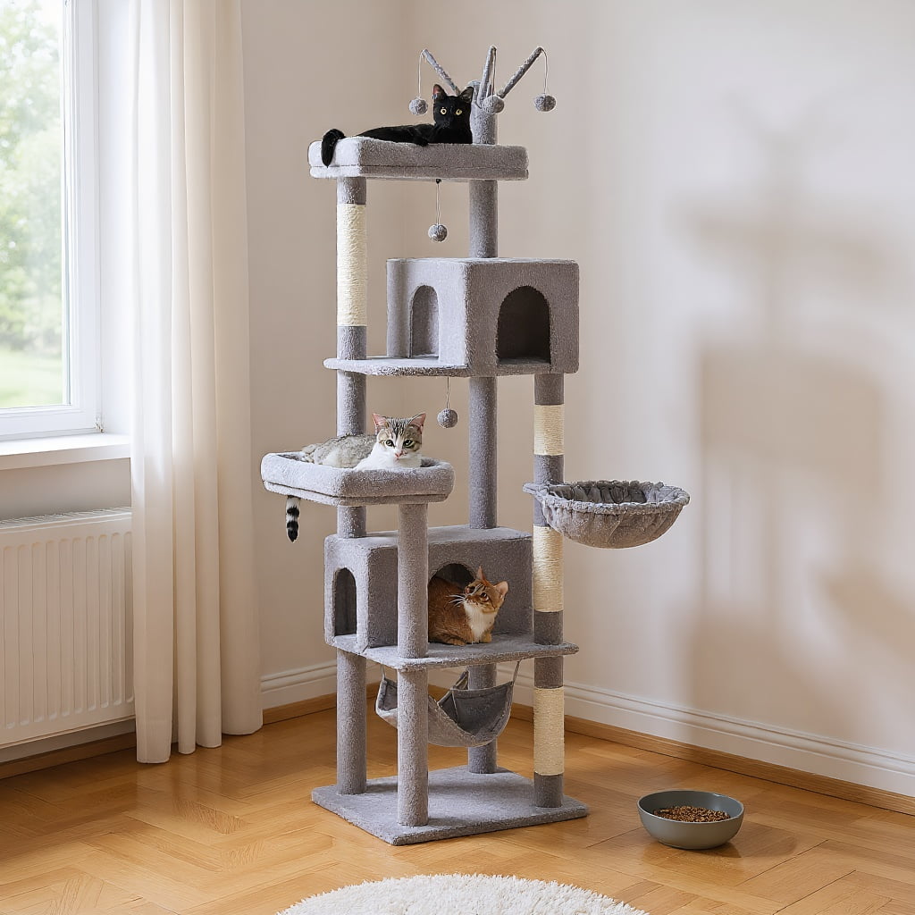 Pefilos 74" Large Cat Tree Tower for Indoor Cats, Fat Cats with Big Hammock, Cat Climbing Tree with Scratching Posts, Condo House and Top Perch, Gray