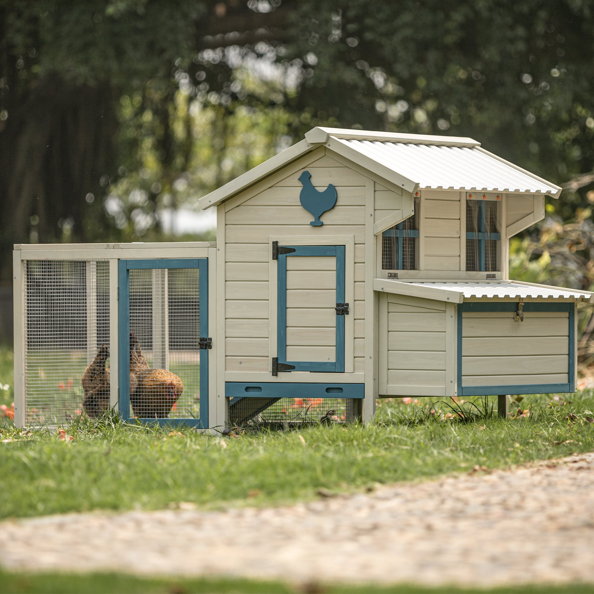 74" White and Blue Solid Wood Outdoor Chicken Coop with PVC Roof