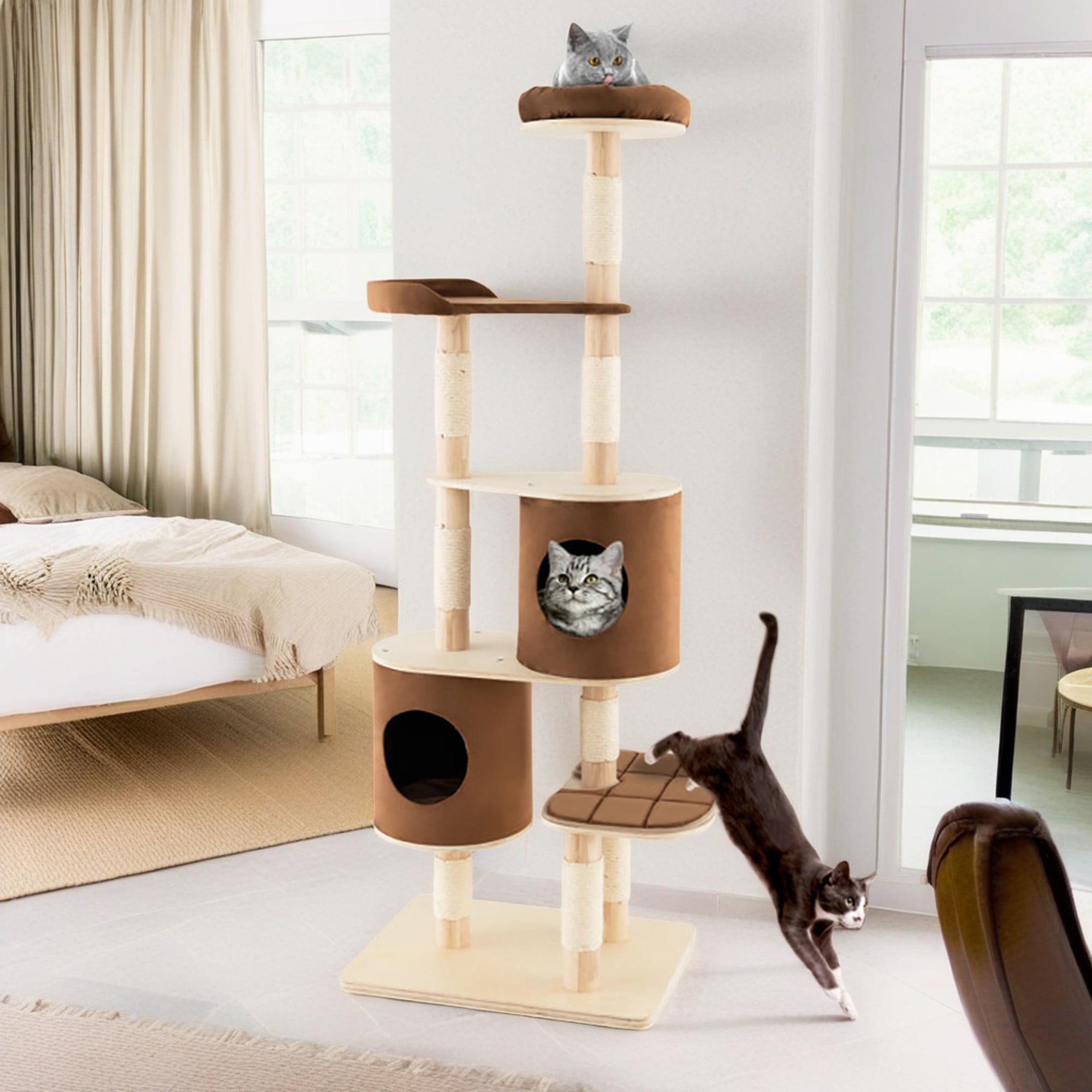 Pefilos 75" Modern Cat Tree Tower for Indoor Cats, 6-level Large Wood Cat Condo with Scratching Post and Removable Pads for Small Large Cats, Brown Pefilos 75" Modern Cat Tree Tower for Indoor Cats, 6-level Large Wood Cat Condo with Scratching Post and Removable Pads for Small Large Cats, Brown
