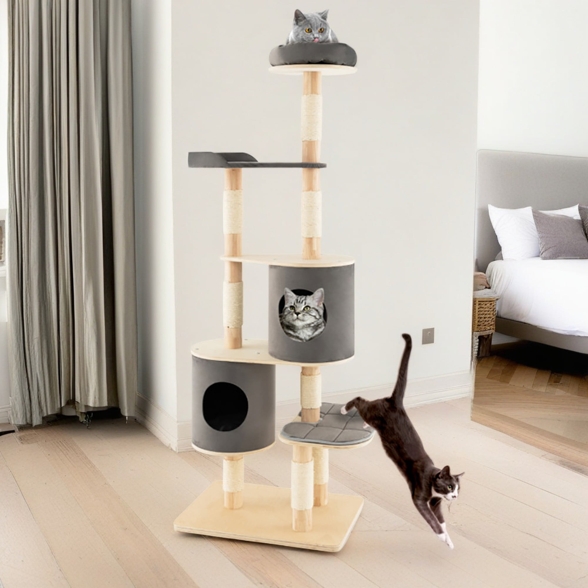 Pefilos 75" Modern Cat Tree Tower for Indoor Cats, 6-level Large Wood Cat Condo with Scratching Post and Removable Pads for Small Large Cats, Gray Pefilos 75" Modern Cat Tree Tower for Indoor Cats, 6-level Large Wood Cat Condo with Scratching Post and Removable Pads for Small Large Cats, Gray