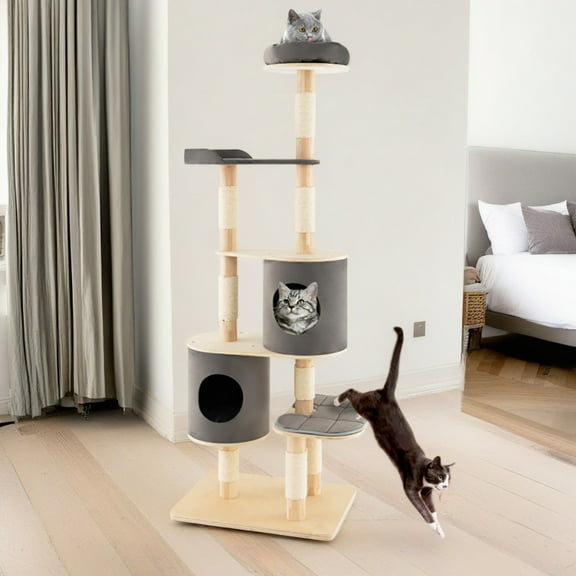 Pefilos 75" Modern Cat Tree Tower for Indoor Cats, 6-level Large Wood Cat Condo with Scratching Post and Removable Pads for Small Large Cats, Gray