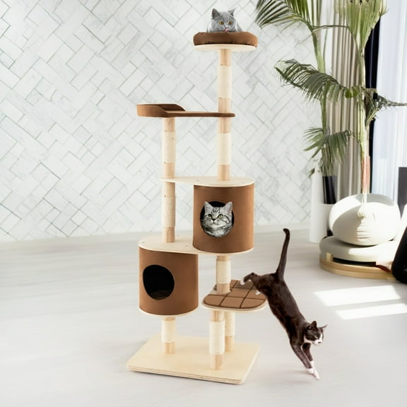 Pefilos 75" Wood Cat Tree Tower for Indoor Cats, Multi-Level Cat Condo with Scratching Posts, Perch, Washable Removable Cushions, Cat Furniture, Brown