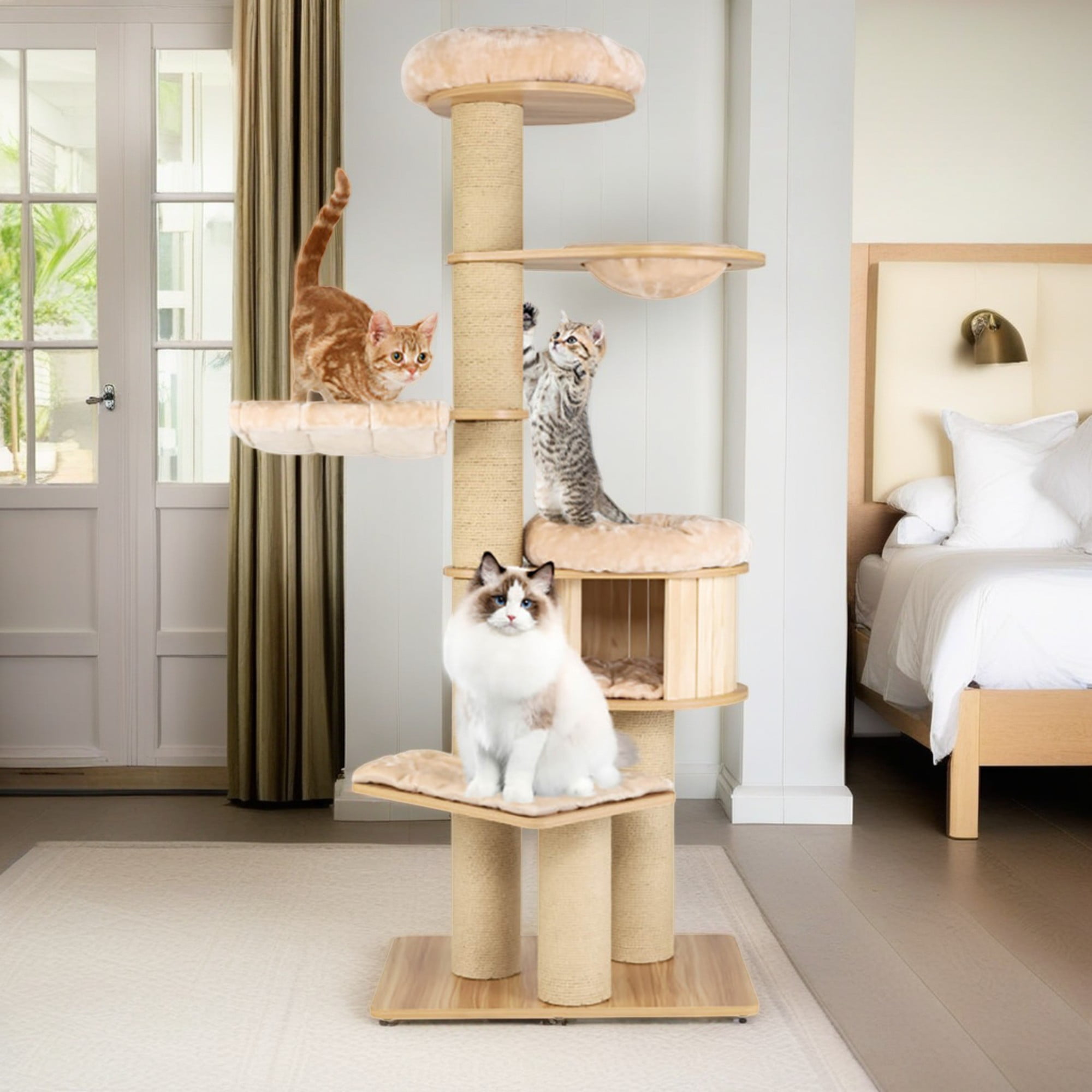 Pefilos 75" Wood Cat Tree Tower for Indoor Cats, Multi-Level Cat Condo with Scratching Posts, Perch, Washable Removable Cushions, Cat Furniture, Beige Pefilos 75" Wood Cat Tree Tower for Indoor Cats, Multi-Level Cat Condo with Scratching Posts, Perch, Washable Removable Cushions, Cat Furniture, Beige