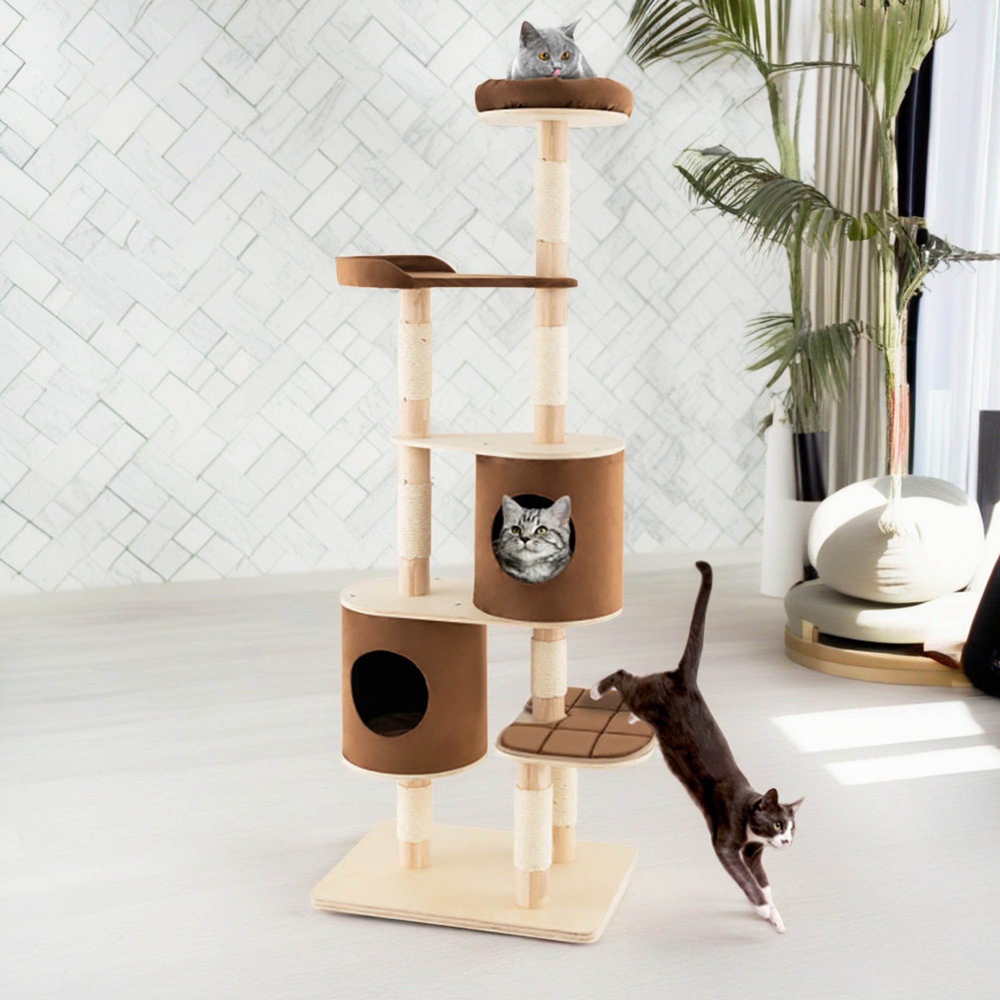 Pefilos 75" Wood Cat Tree Tower for Indoor Cats, Multi-Level Cat Condo with Scratching Posts, Perch, Washable Removable Cushions, Cat Furniture, Brown Pefilos 75" Wood Cat Tree Tower for Indoor Cats, Multi-Level Cat Condo with Scratching Posts, Perch, Washable Removable Cushions, Cat Furniture, Brown