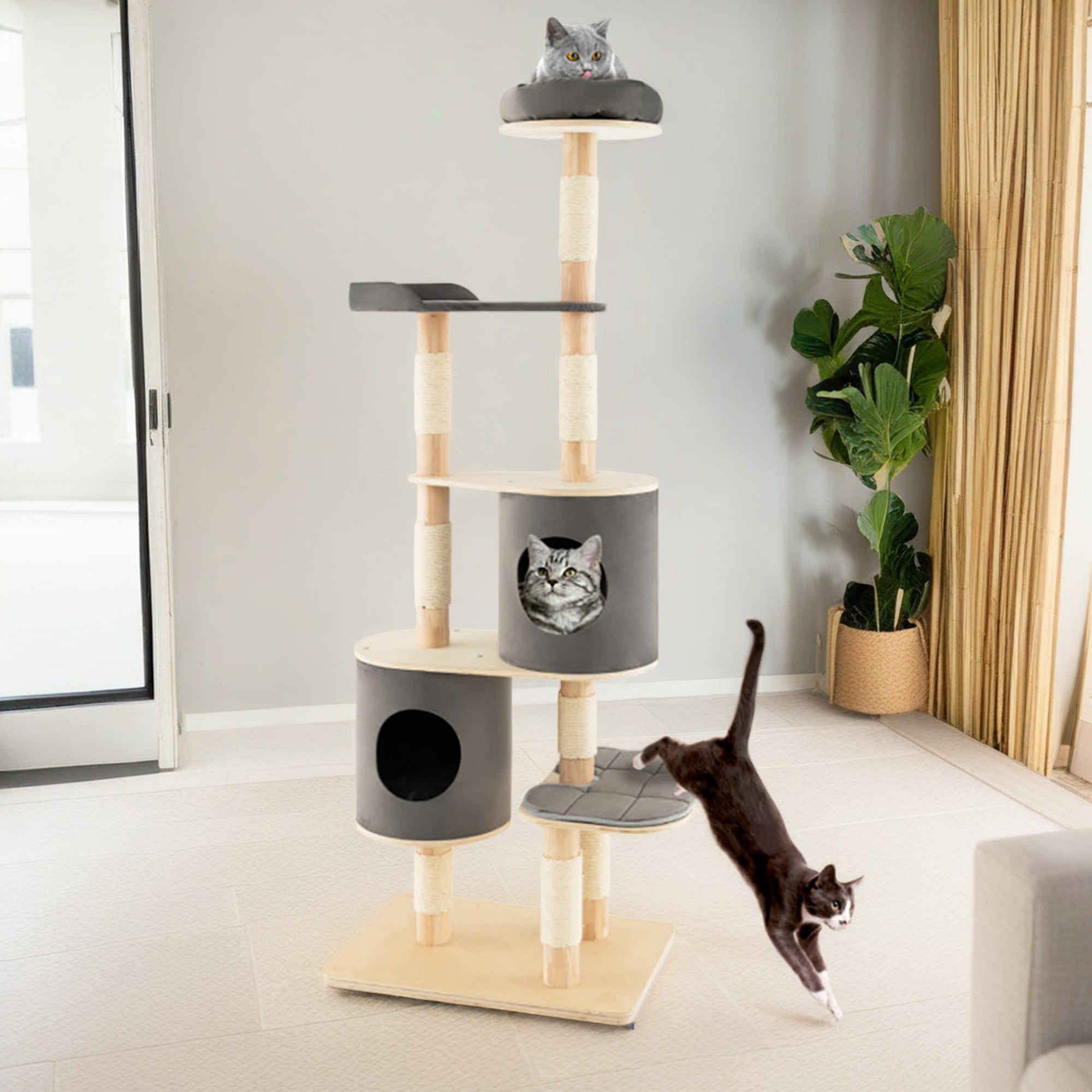 Pefilos 75" Wood Cat Tree Tower for Indoor Cats, Multi-Level Cat Condo with Scratching Posts, Perch, Washable Removable Cushions, Cat Furniture, Gray Pefilos 75" Wood Cat Tree Tower for Indoor Cats, Multi-Level Cat Condo with Scratching Posts, Perch, Washable Removable Cushions, Cat Furniture, Gray