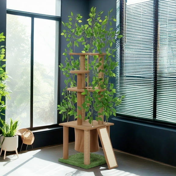 Pefilos 76.8" Cat Tree House with Artificial Leaves, Cat Condo and Scratching Post, Cat Tree Tower Kitten for Multiple Cats, Brown