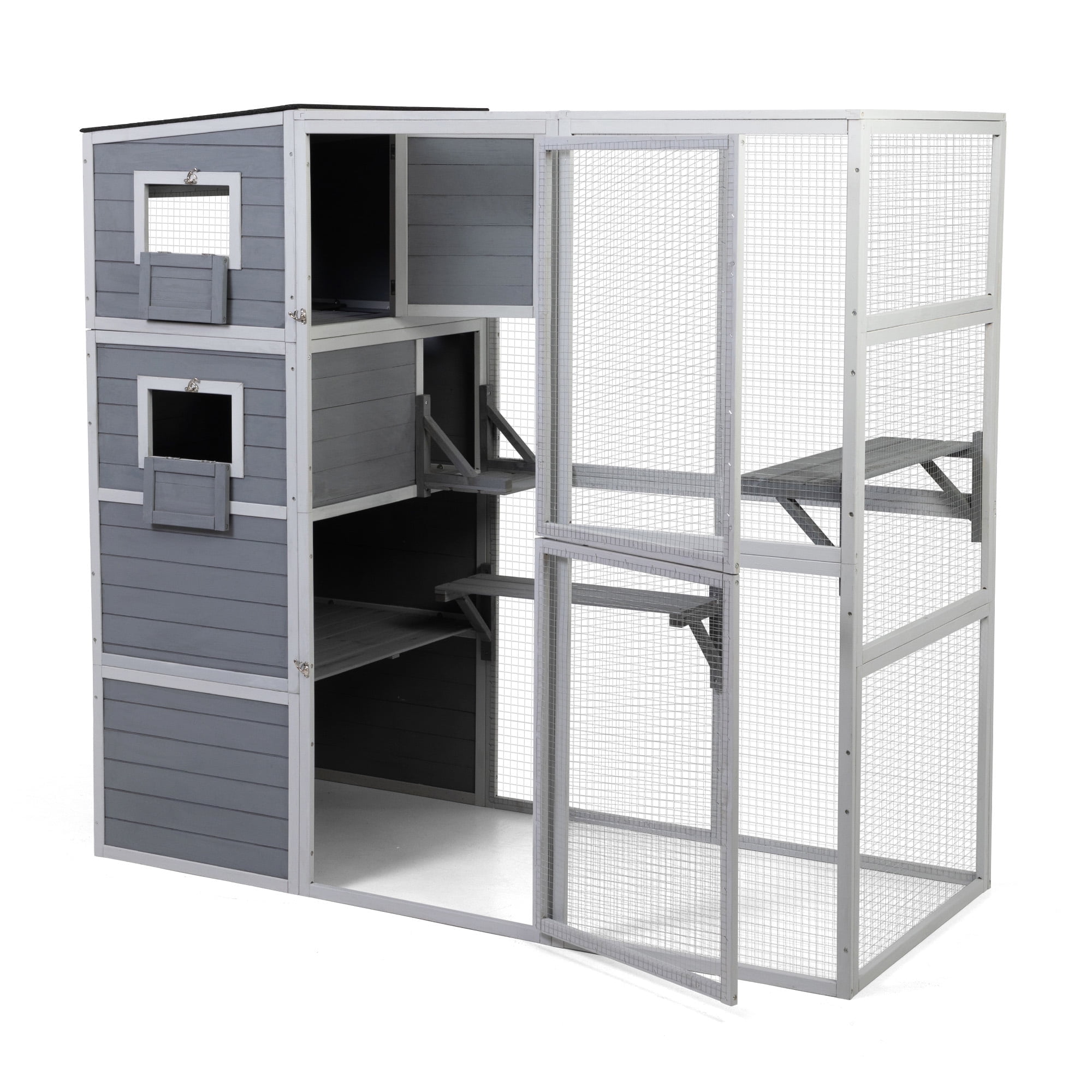 Pefilos 76" Outdoor Cat House for Large, Wood Kitty Catio Enclosure Cat Cage Condo Indoor with Platforms, Gray