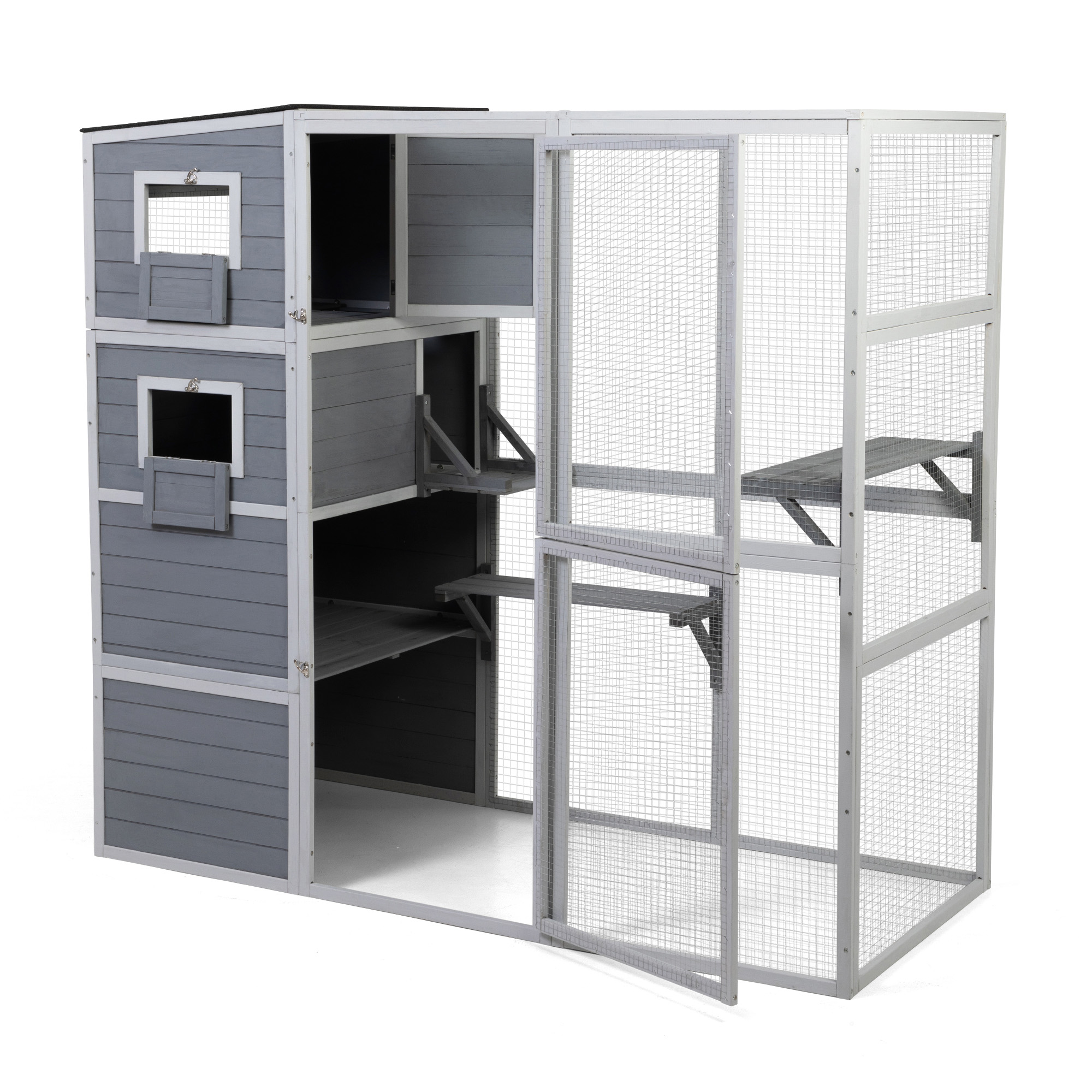 Pefilos 76" Outdoor Cat House for Large, Wood Kitty Catio Enclosure Cat Cage Condo Indoor with Platforms, Gray Pefilos 76" Outdoor Cat House for Large, Wood Kitty Catio Enclosure Cat Cage Condo Indoor with Platforms, Gray