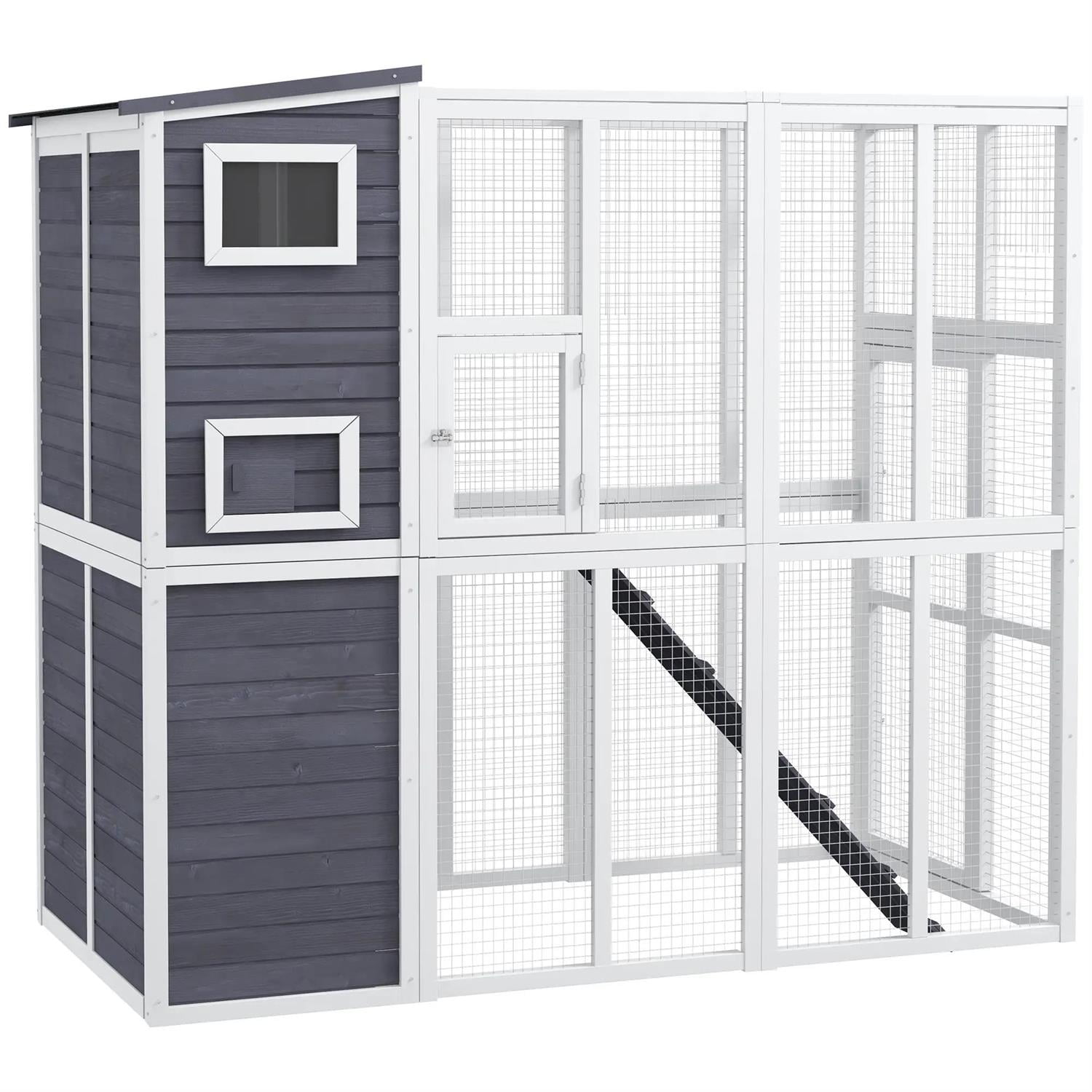 Pefilos 76" Outdoor Weatherproof Cat Cage with Platforms, Asphalt Roof, Ramps, Wooden Catio House for 2-3 Kittens Cats, Indoor Cat Enclosure, Gray