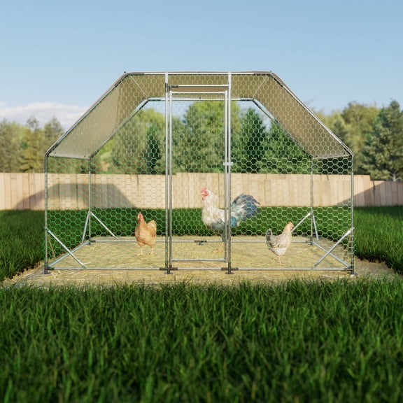 Pefilos 77" Galvanized Metal Chicken Coop for Outdoor, Large Walk in Chicken Cage Farm Poultry Run with Waterproof, Hen House for Rabbit and Chicken, Silver