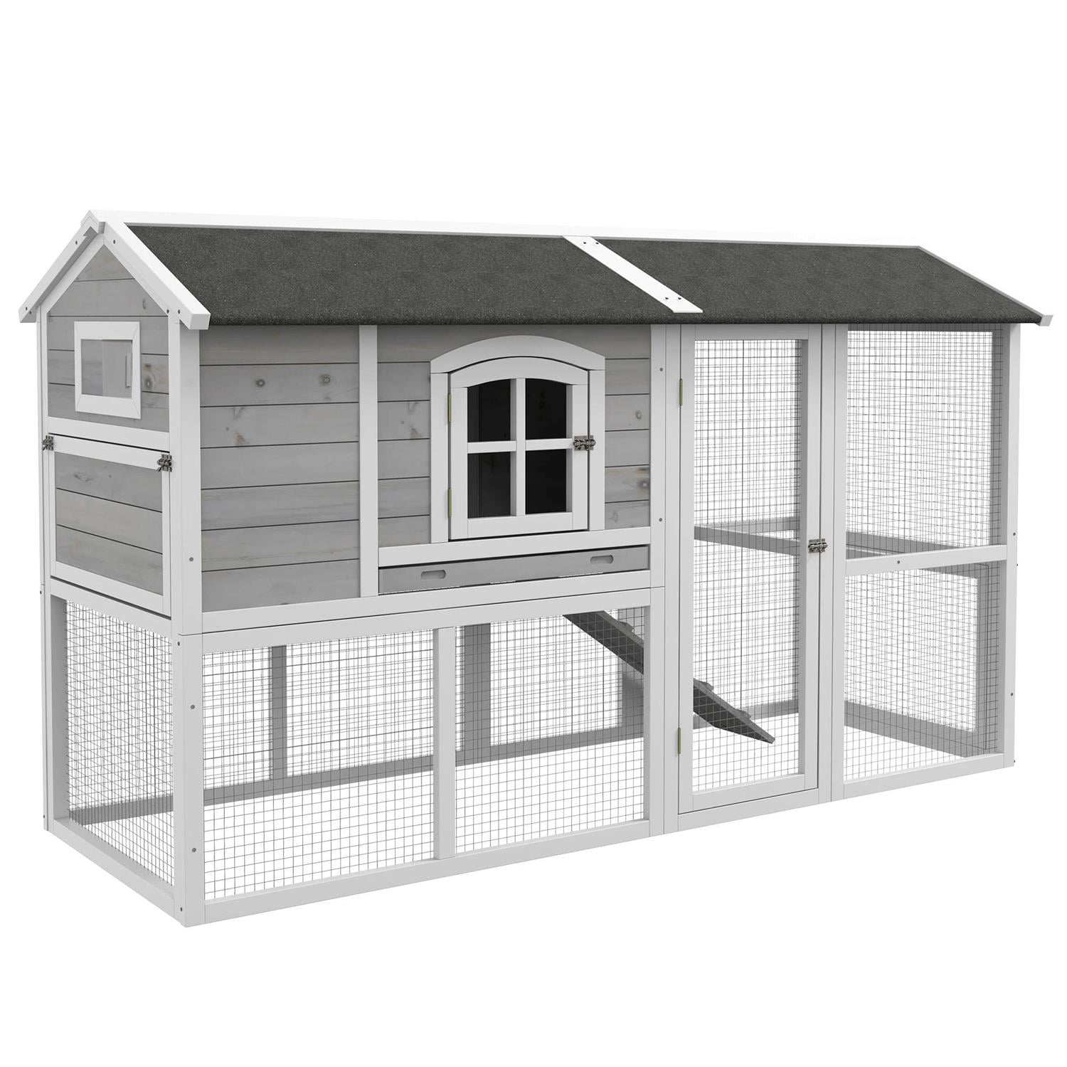 Pefilos 77" Large Chicken Coop Rabbit Hutch, Outdoor Wooden Poultry Cage Hen House with Nesting Box, Removable Tray for Garden Backyard, Gray